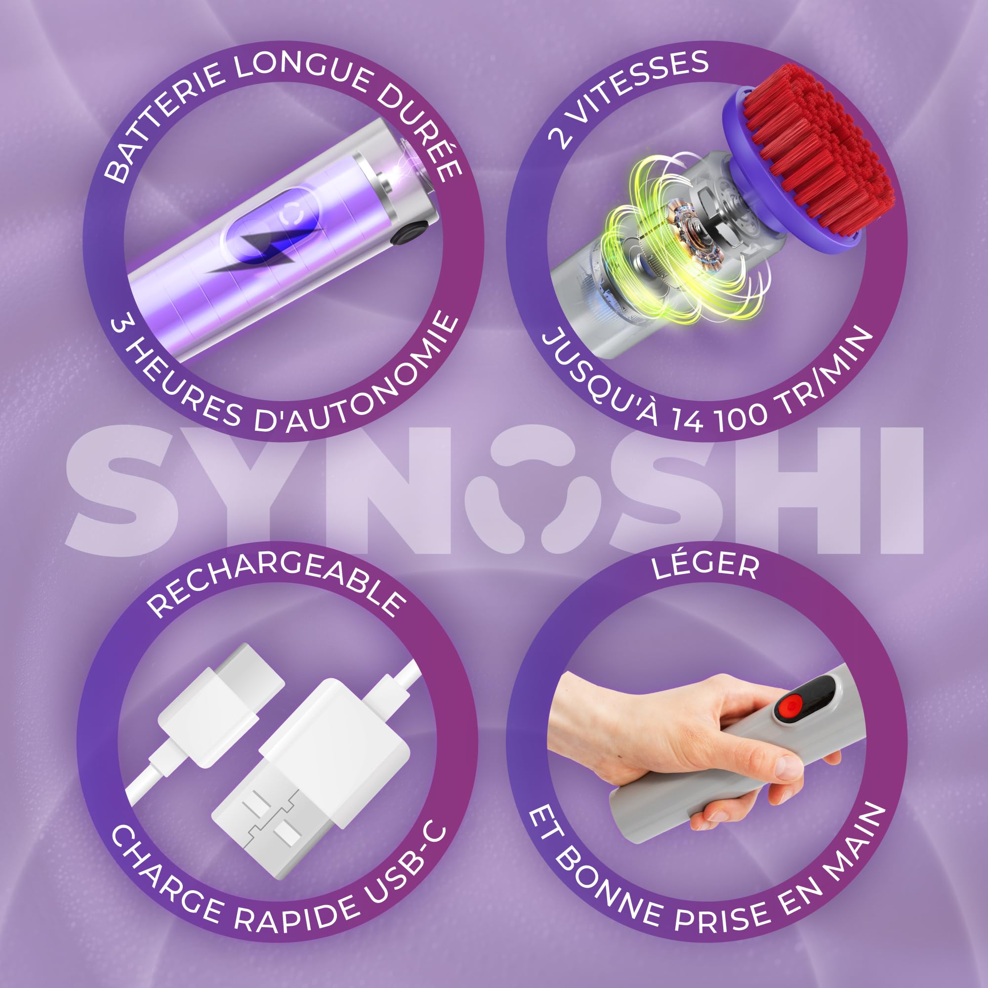 Synoshi Pro Brosse Rotative Électrique Nettoyage Salle de Bain Automatique | 2 vitesses, batterie longue durée, Idéale salle de bain, cuisine, voiture, Accessoires modulaires