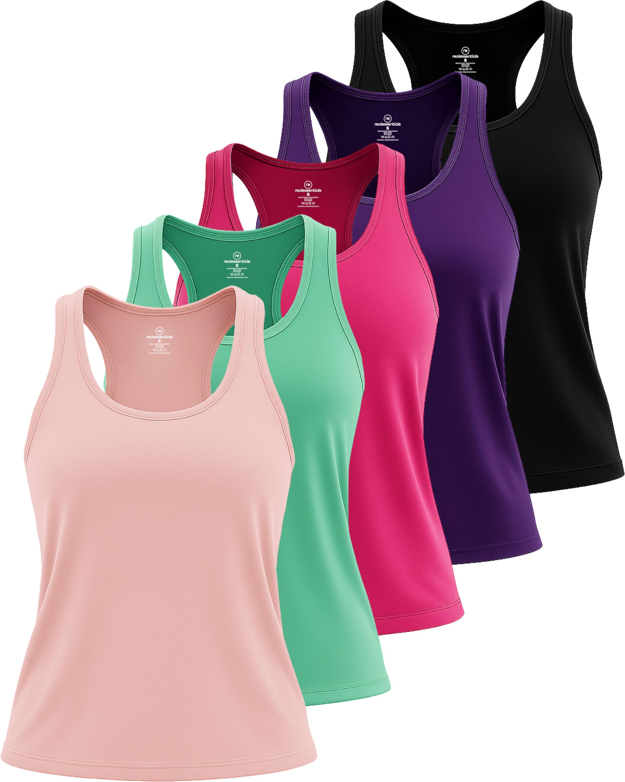 Real Essentials 5 Pack: Women's Racerback Tank Top Dry-Fit Athletic Performance Yoga Activewear (Available in Plus Size)
