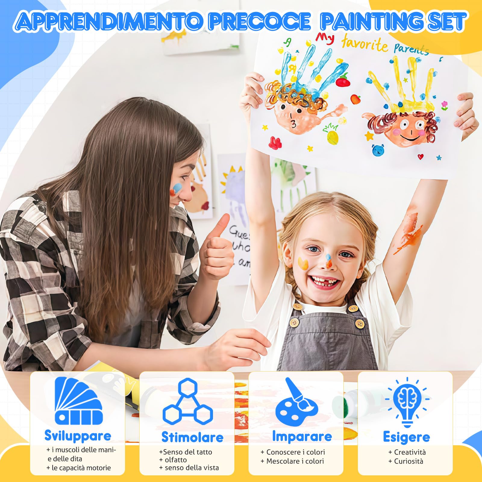 8 Colori Colori a Dita Lavabile, 8x75ml Set di Pittura per Bambini, Inchiostro per Impronte Con Attacco Spugna, Kit impronte Neonato per Regalo Battesimo Bimbo, Artigianato Familiare, Regalo di Natale