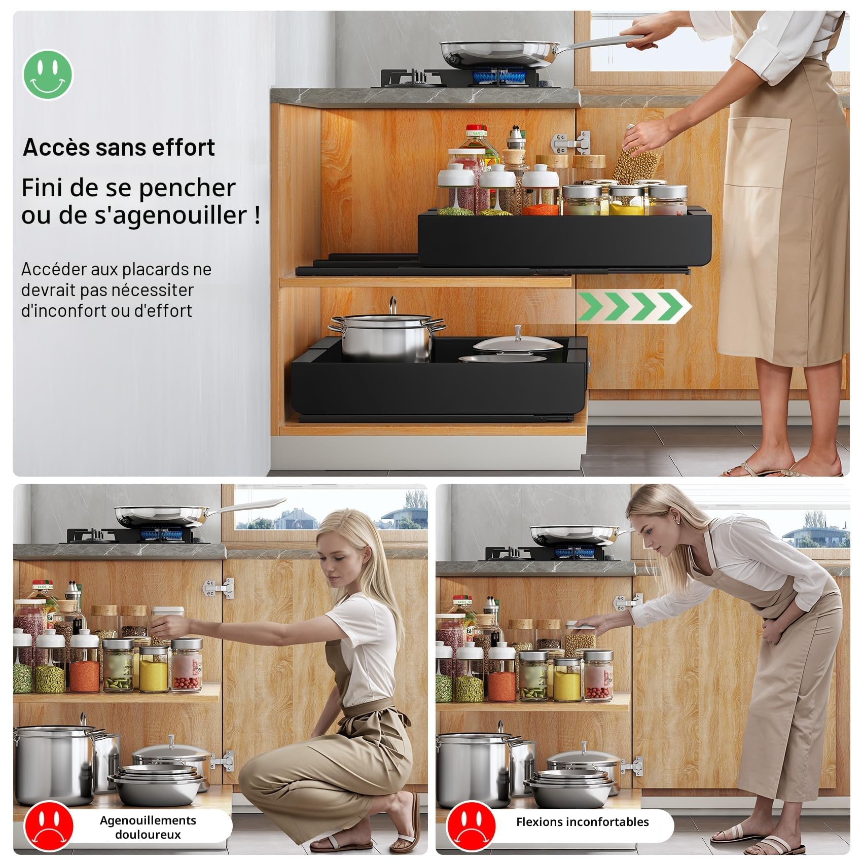 Kitstorack Tiroir Coulissant Cuisine 2 Pièces - avec 3 Rails de Guidage & Film Nano-Adhésif - Tiroir Coulissant Placard pour Rangement Cuisine - Montage par Adhésif ou Vis (43x30-50x5,8 cm, Noir)