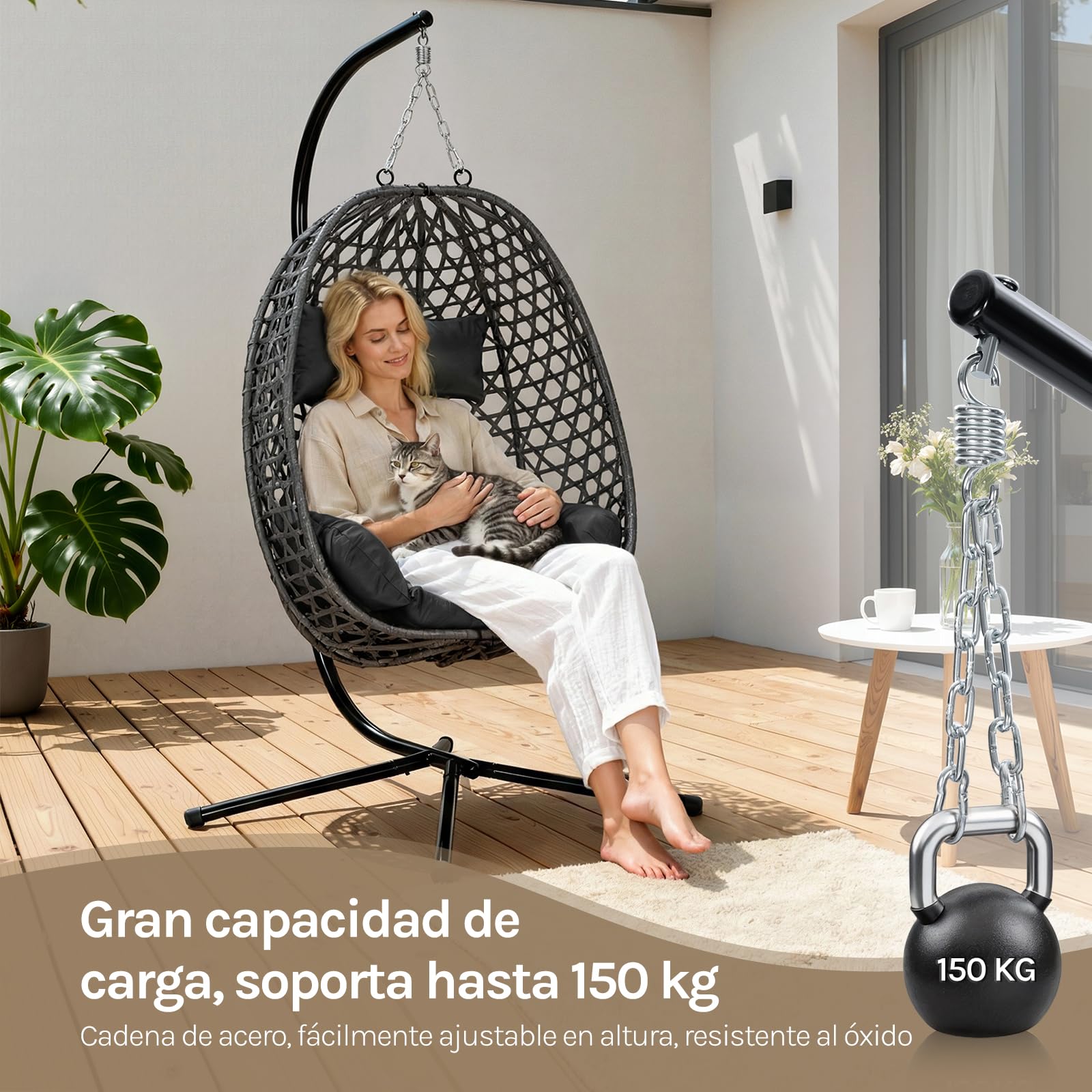 WOLTU Silla Colgante, Hamaca Columpio con Cojín y Reposacabezas, Aspecto Ratán PE y Estructura de Metal, Carga 150 kg, para Jardín, Patio y Terraza, 102x100x196 cm, Negro