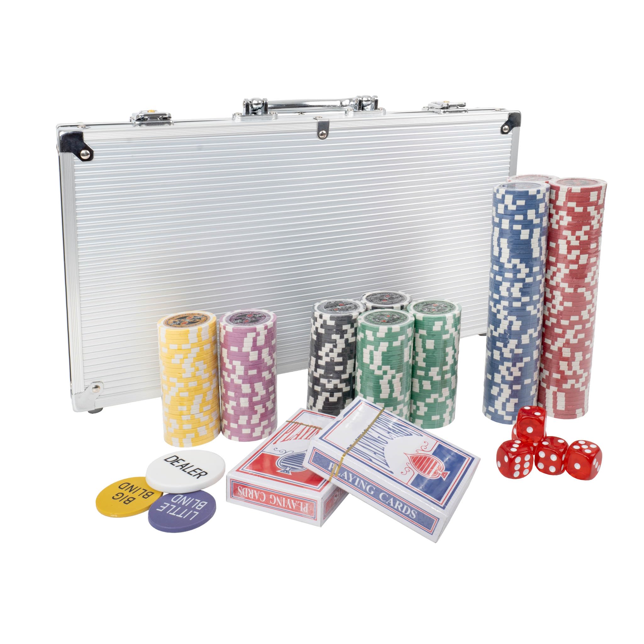 H&F Heimtextilien Pokerkoffer 300 Chips – Premium Poker Set mit 6 Wertstufen, 2 Kartendecks, Würfeln & Dealer-Button im Aluminiumkoffer Spielzeug