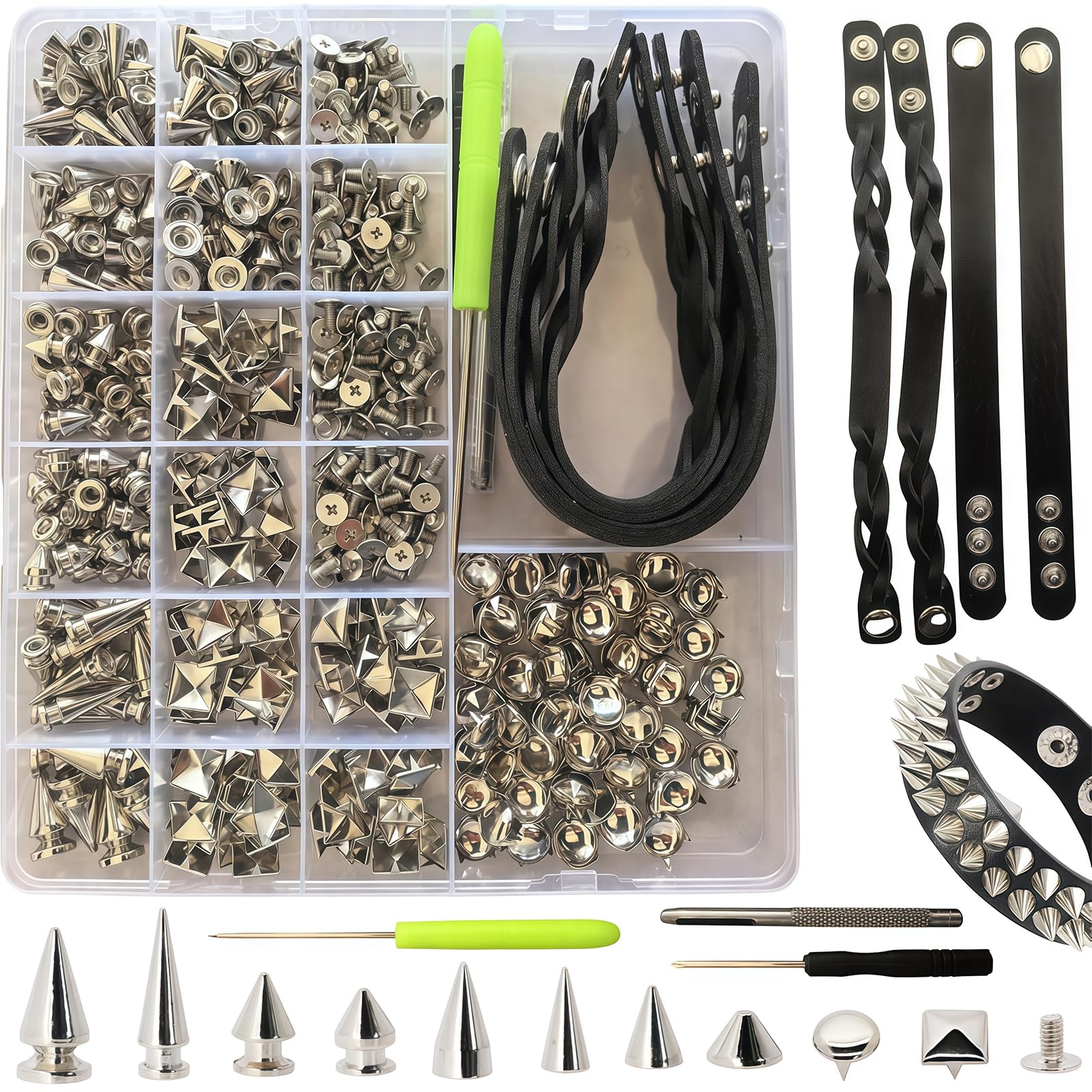 AuraFusion Spikes Studs For Clothing Spike 559 Pcs Kit For Designers Crafters Punk Fans Cosplayers For Jackets Belts Bags Concert Festival DIY Silver