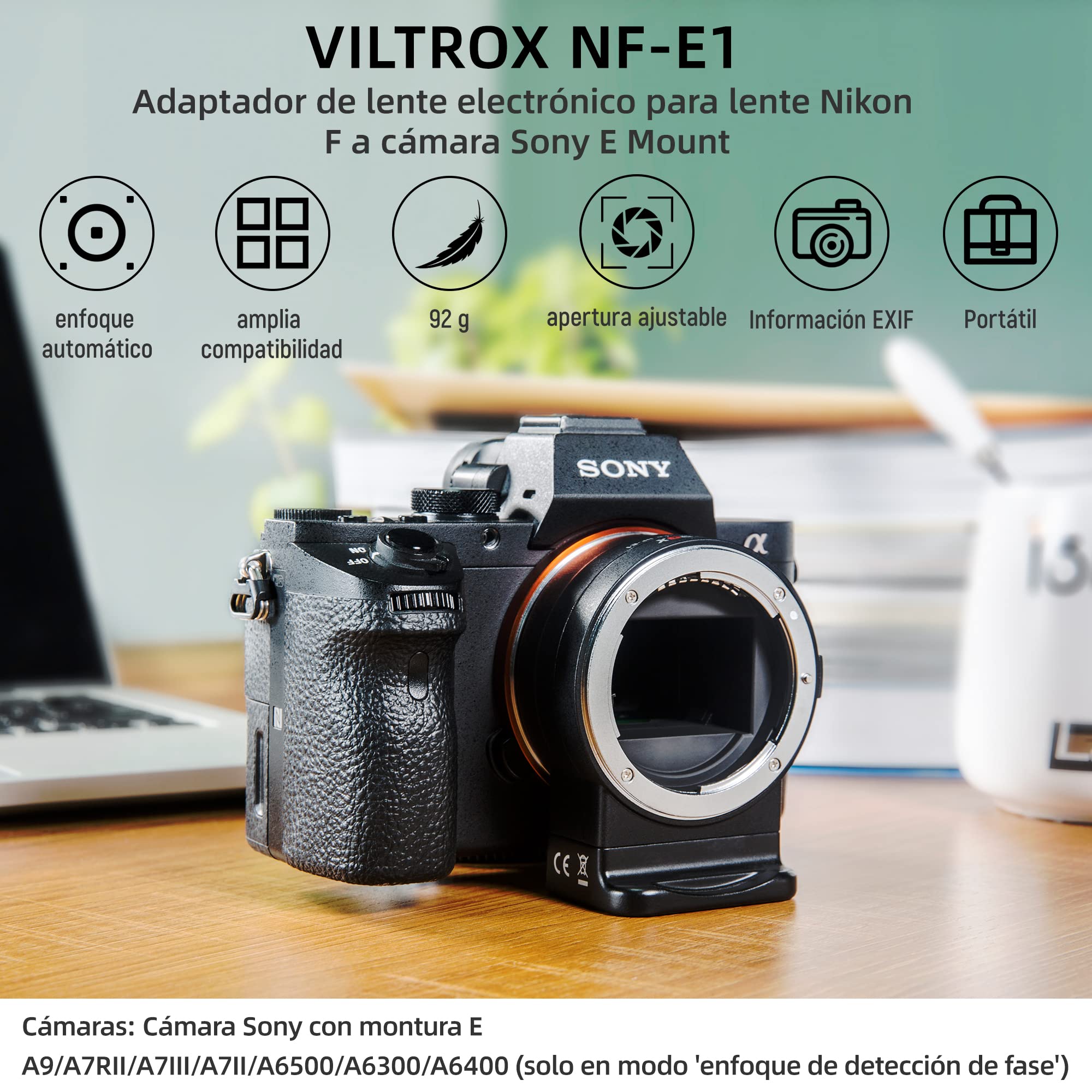 Adapter VILTROX NF-E1 Auto Focus per Nikon F su Sony E-Mount A7RIII A7RII A7III A9 A6500 A6400 A6300 - Dettaglio