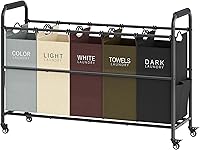 Tajsoon 5-Bag Rolling Laundry Sorter Cart with Lockable Wheels, Removable Color-Coded Bags & 65-Gallon Capacity