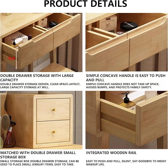 Solid Wood Vanity Desk Set with High Definition Mirror Large Storage Drawers and Chair Perfect Makeup Table for Small Spaces or Bedrooms Natura，Natural-23.6in