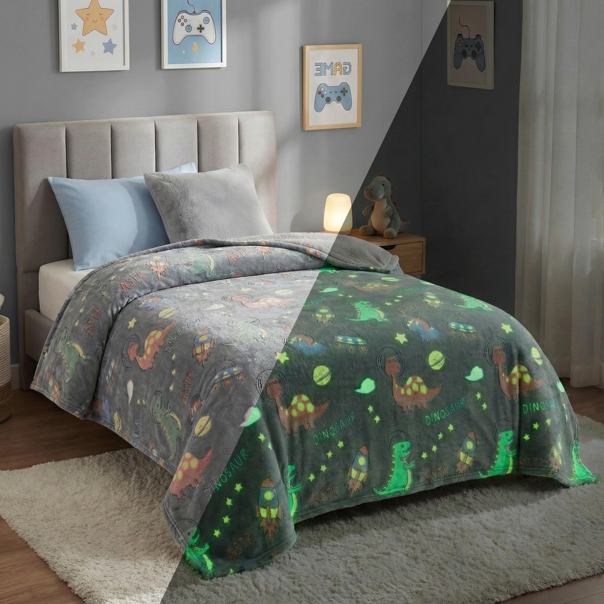 BSB HOME Glow in The Dark Kids Blanket, Soft Flannel Fleece Luminous Blanket for Boys & Girls, Cozy Lightweight Kids Throw for Bed – 42 x 60 in (107 x 152 cm) (Dinosaur & Space Theme - Charcoal Grey)