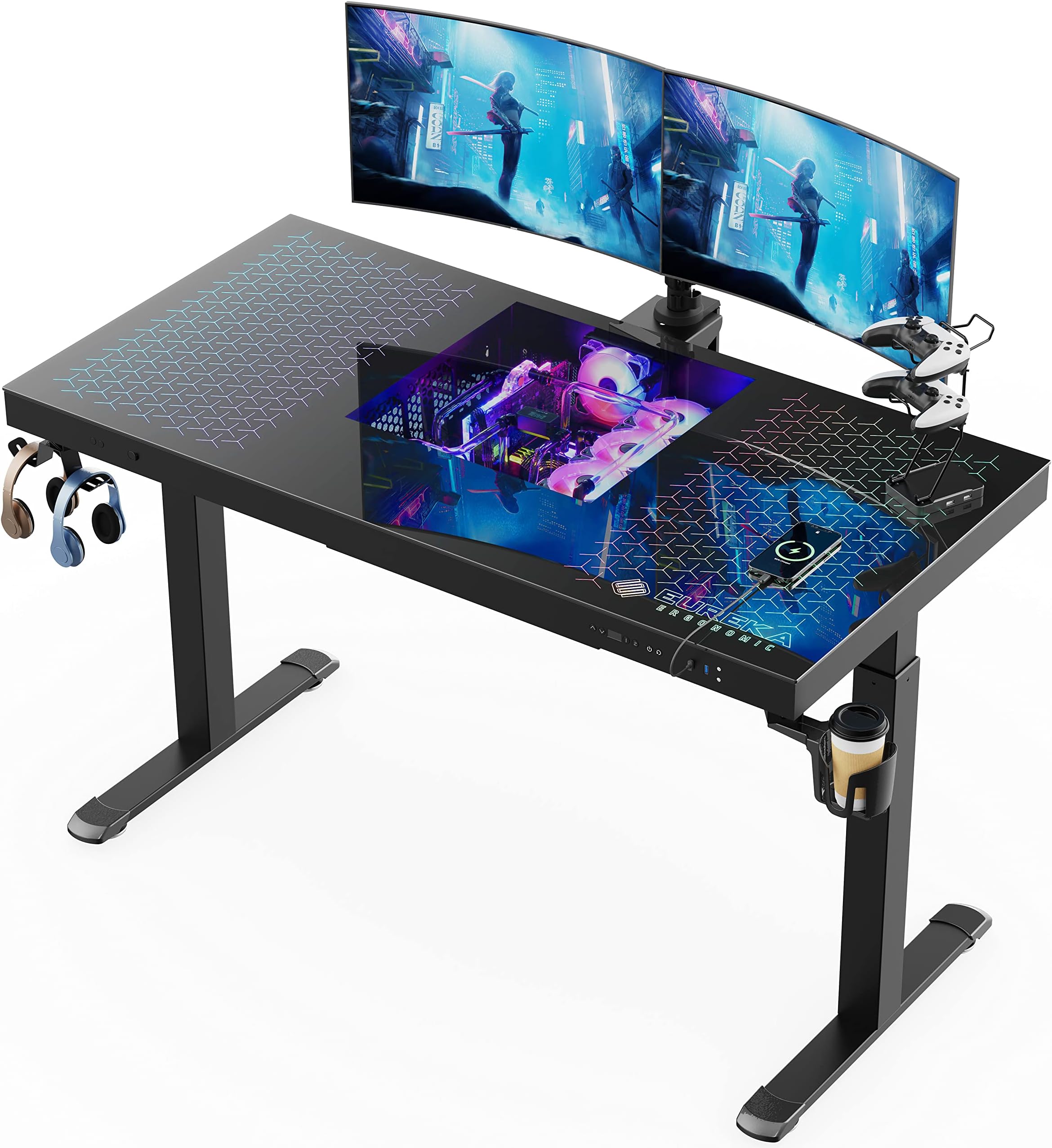 EUREKA ERGONOMIC RGB Gaming Desk PC Case Built in, 55" Glass Electric Standing Desk W Charging USB Port, Height Adjustable Sit Stand Up Desk Dual-Motor, GTG-EVO Computer Tower All-in-one Table, Black