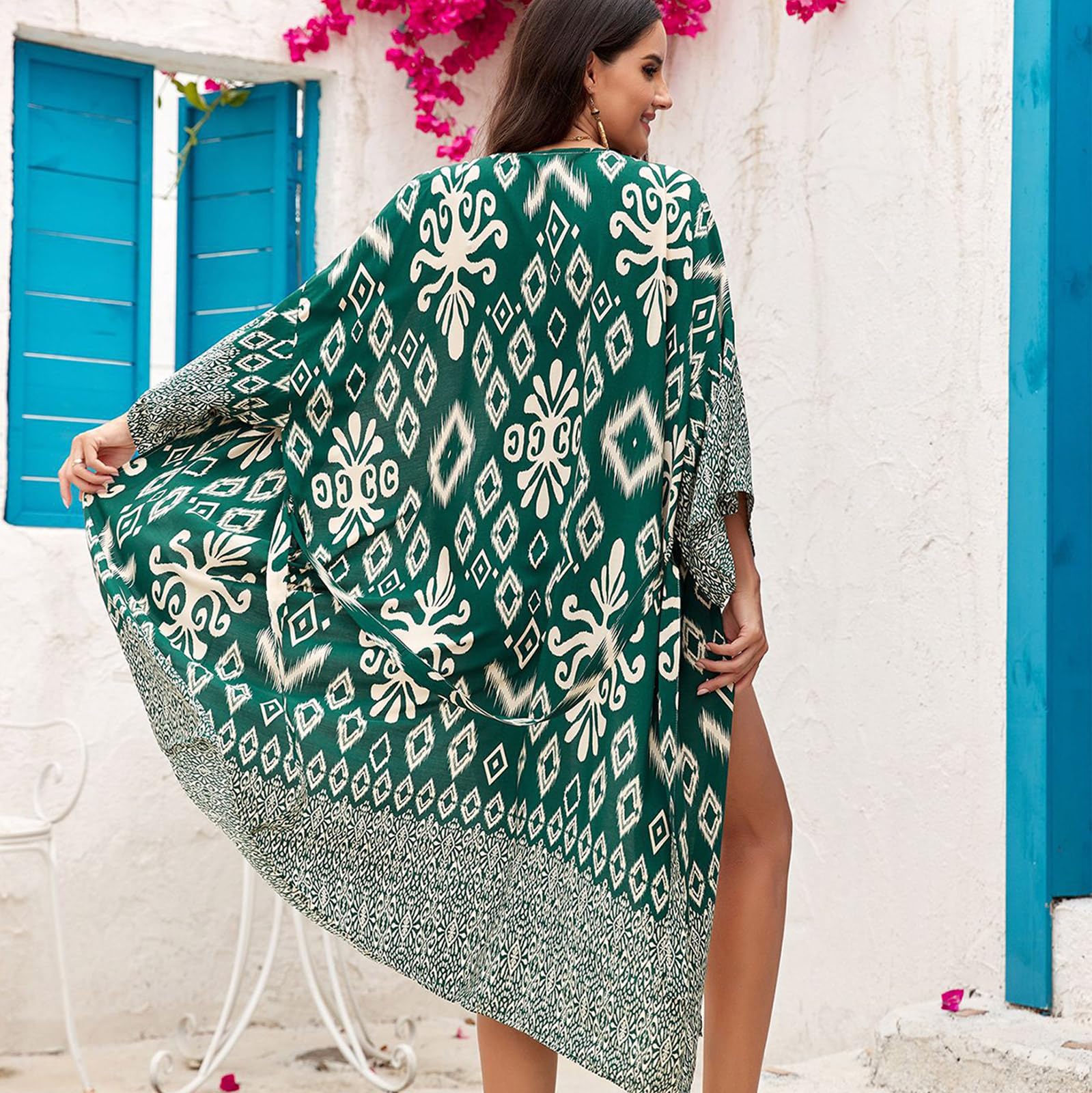 Traje de baño tipo kimono de manga larga para mujer, estampado geométrico, frente abierto, holgado, chal, vestido de playa con cinturón
