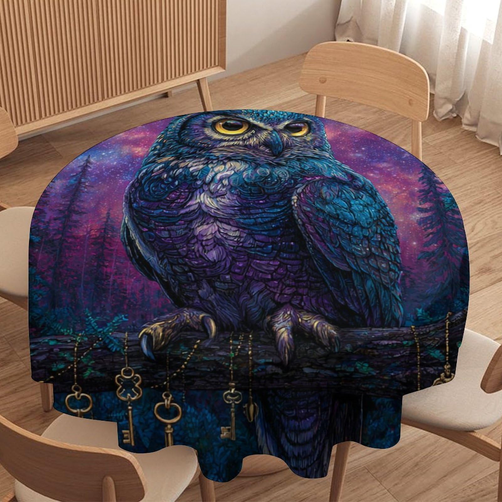 LUYYSKY Beautiful Colorful Cool Owl Round Tablecloth Watercolor Aesthetic Galaxy Nebula Forest Animals Owl Washable Decor for Table Cover for Kitchen-91.4" Wx91.4 L cm