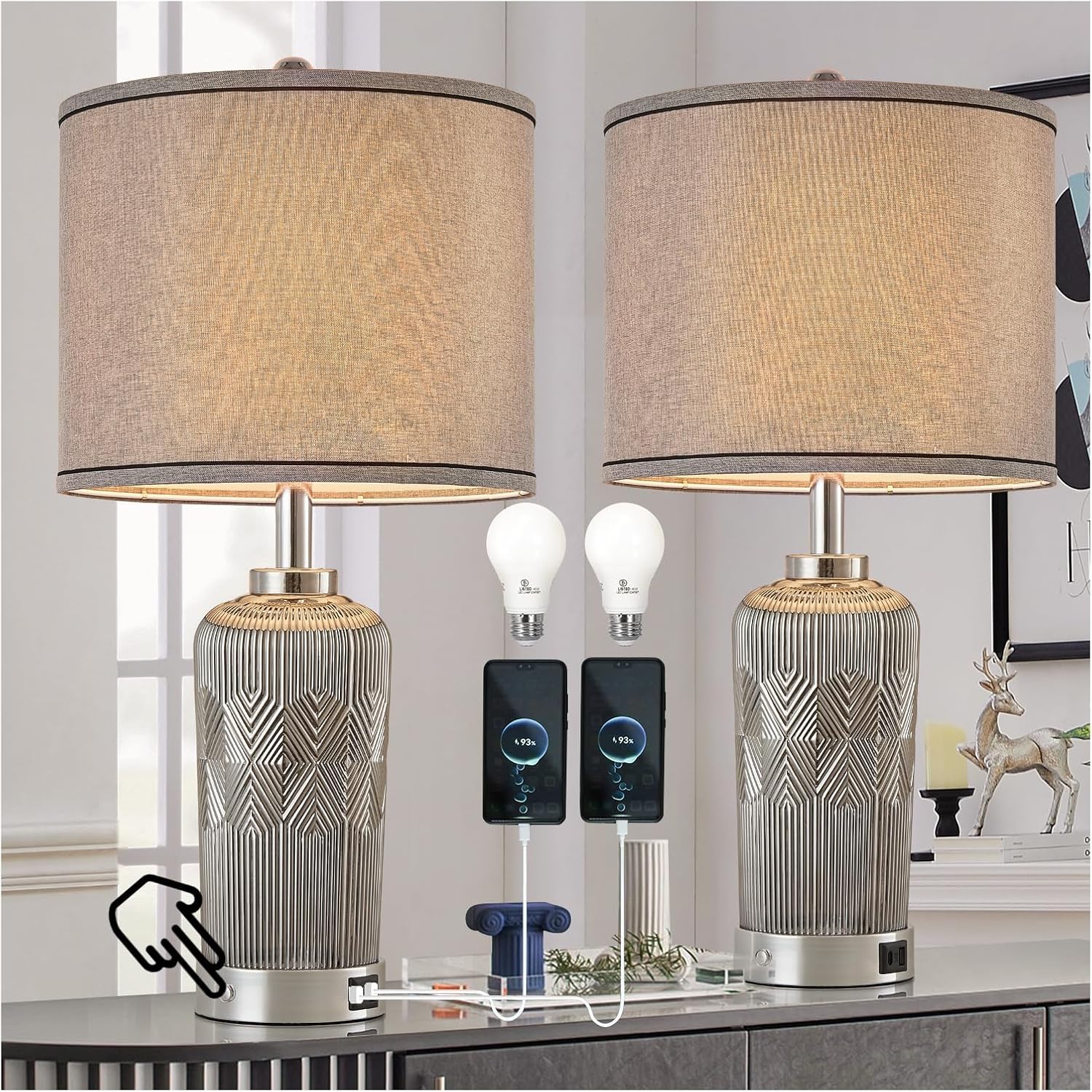 AIDENOEY Modern Glass Table Lamps, Bedside Lamps Set of 2 with USB-C&USB Ports, 3-Way Dimmable Touch Control Bedroom Lamps for Nightstands，Living Room，Home，Office with Linen Shade (Bulbs Inc