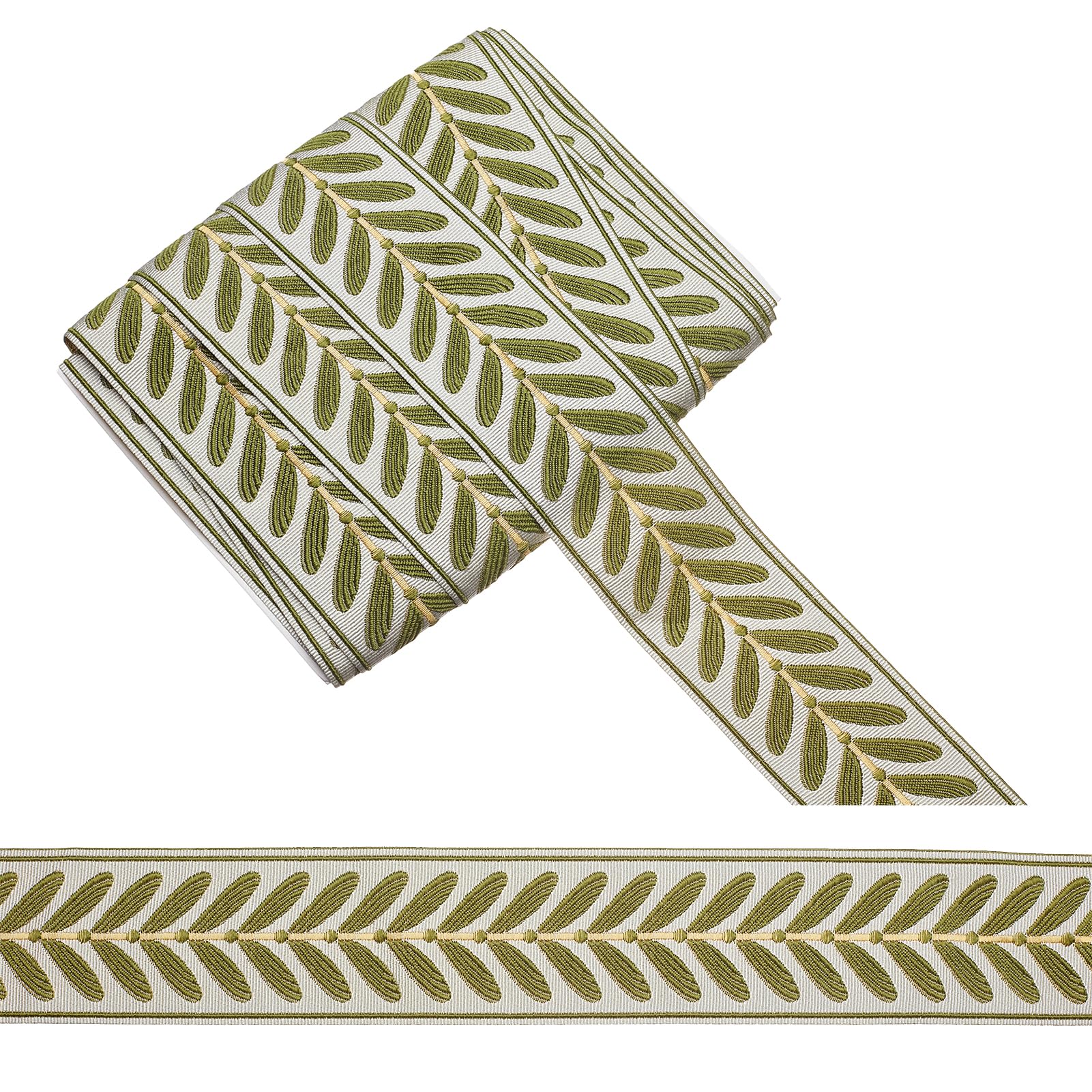 letsinstyle 10 Yards 2.36 Inches Wide Leaf Jacquard Ribbon, Green Leaves Boho Jacquard Embroidered Band, Polyester Trimming for DIY Craft Accessories Embellishment Decorations
