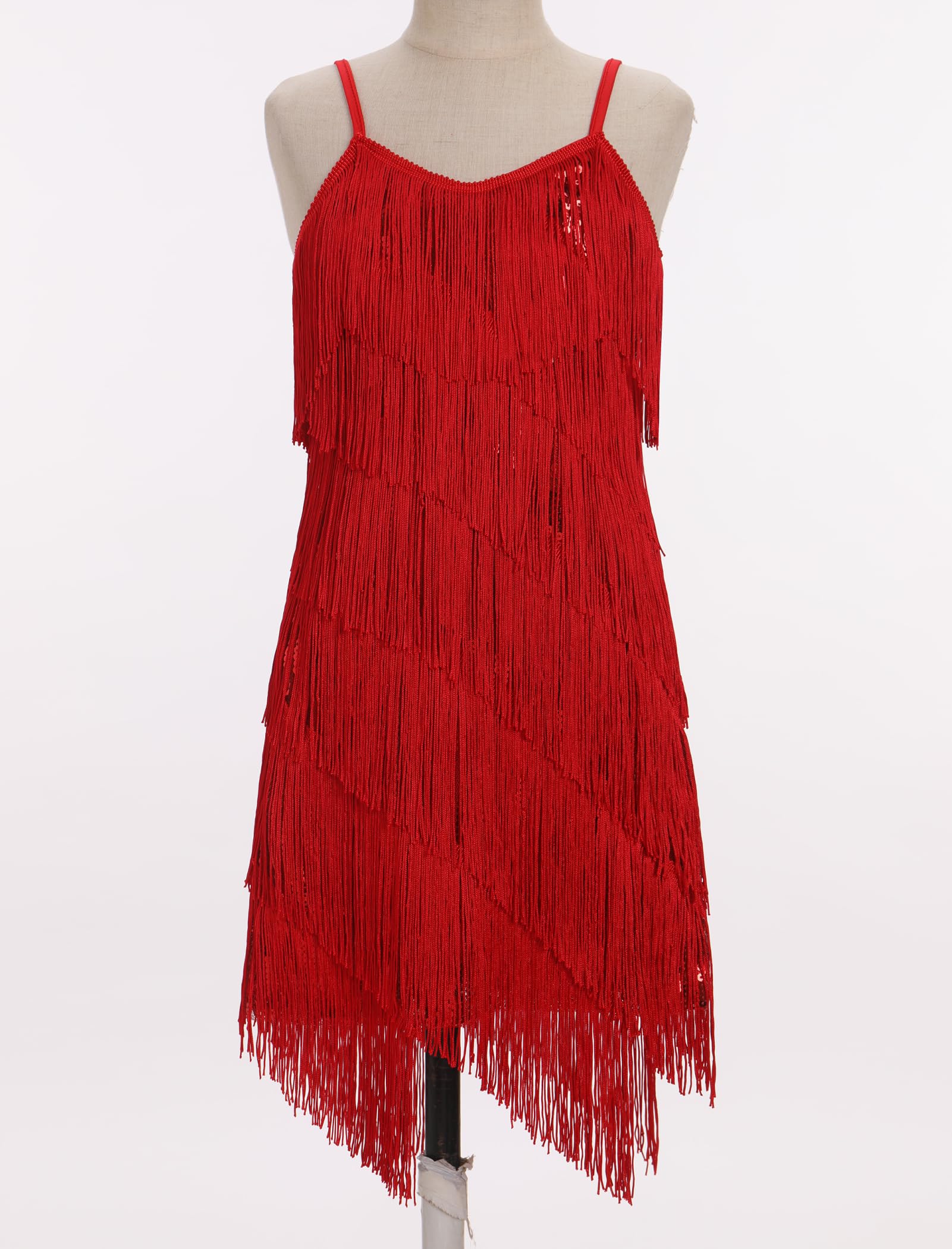 FYMNSI Robe de danse latine pour filles - Tenue de danse de salon - Col en V - Paillettes scintillantes - Pompons à franges