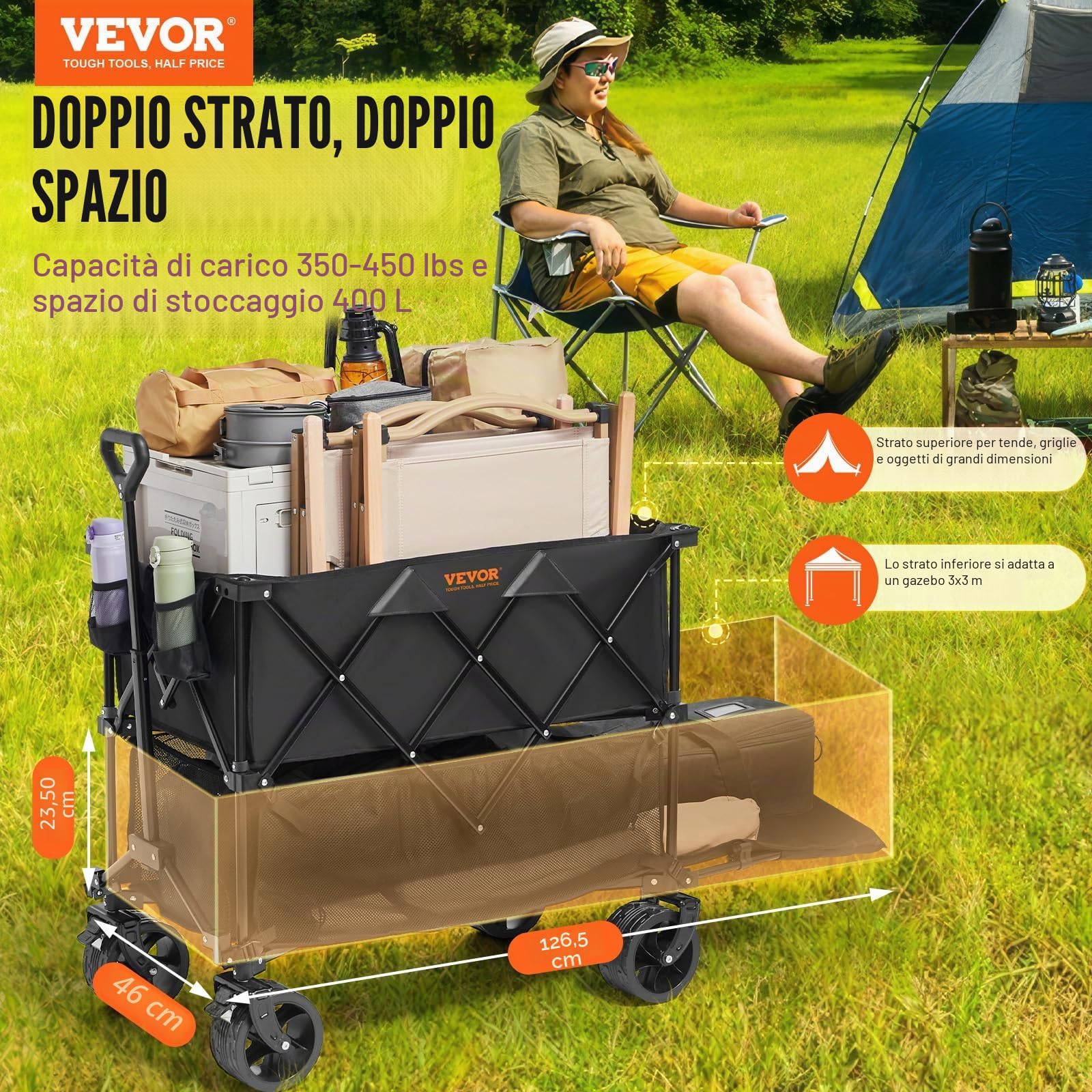 VEVOR Carro Pieghevole a Doppio Strato Capacità di Peso 350-450 Libbre, Carrello Portaoggetti in Tessuto Leggero Pieghevole con Rotelle, Trasportabile per Pesca Campeggio Shopping Giardino Picnic