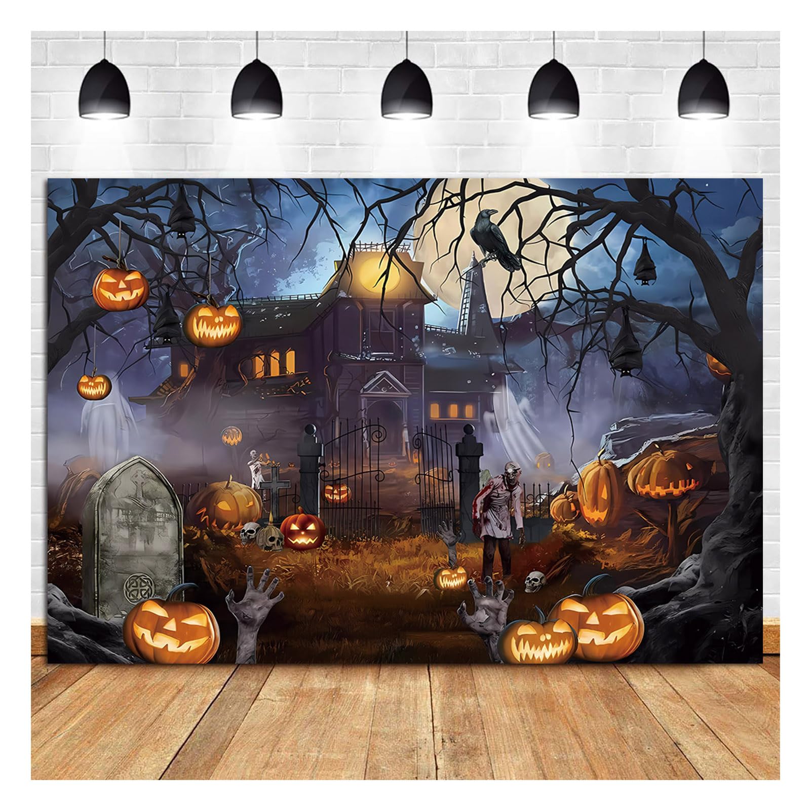 Halloween-Fotohintergrund (2,1x1,5 M) – Motiv Mit Kürbis, Mond, Schloss & Geistern, Aus Polyester, Für Party-Deko & Fotoshootings