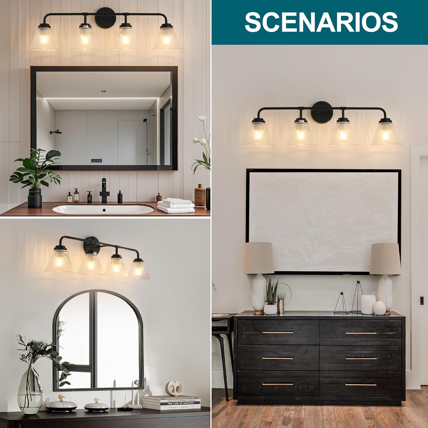 Modern Black Bathroom Vanity Light, 4-Light Wall Sconce with Clear Ribbed Glass Shades, Farmhouse Industrial Light Fixture for Bathroom, Vanity Mirror, Powder Room, Hallway (black, Powder Coated, 4)