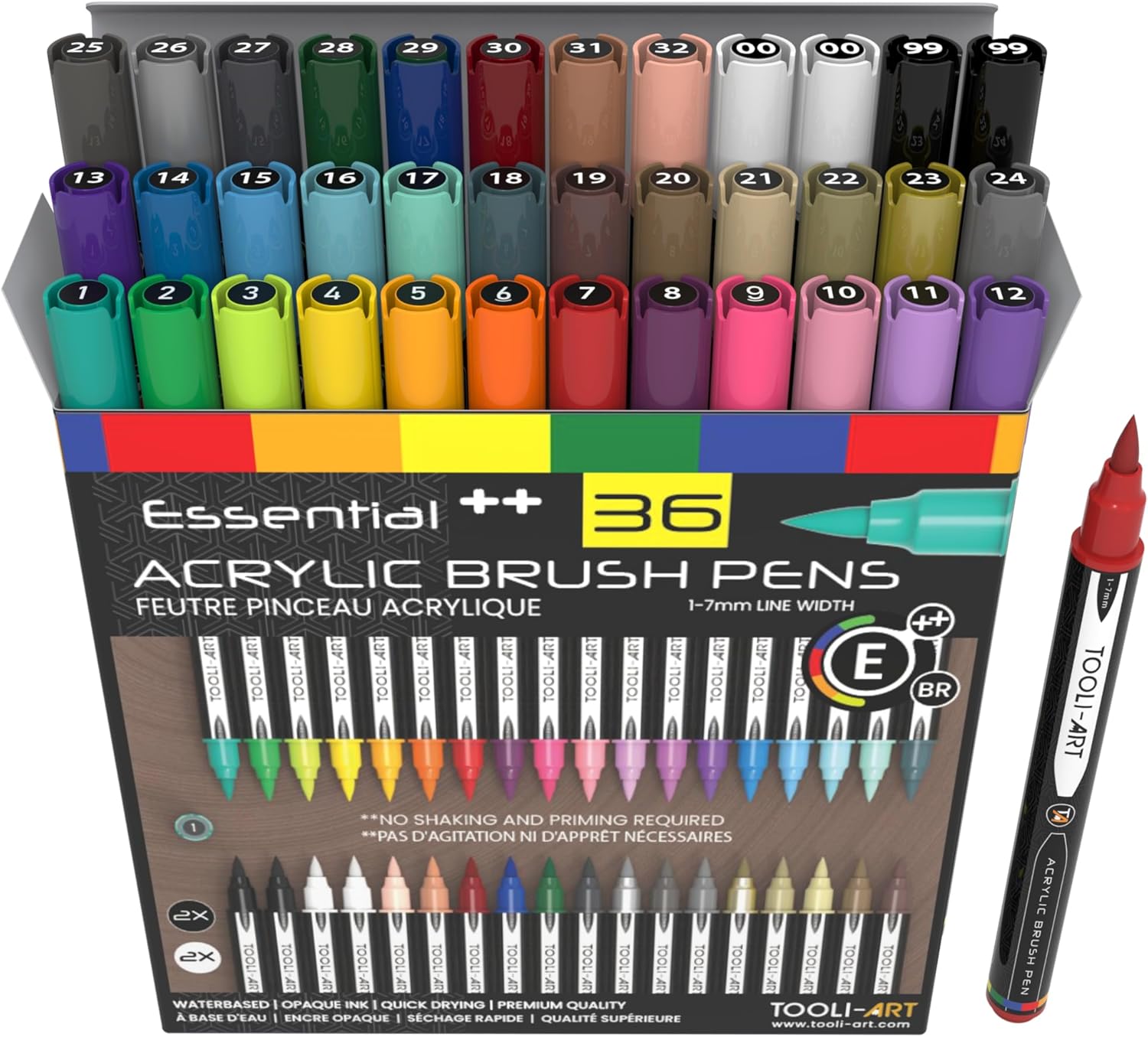 TOOLI-ART 36 Flexible Brush Tip Acrylic Paint Pens Markers Set 1-7mm Line for Rock Painting, Glass, Mugs, Wood, Metal, Canvas, Plastic. Non Toxic Waterbased Quick Drying
