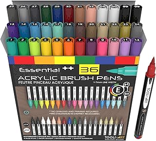 TOOLI-ART 36 Flexible Brush Tip Acrylic Paint Pens Markers Set 1-7mm Line for Rock Painting, Glass, Mugs, Wood, Metal, Canvas, Plastic. Non Toxic Waterbased Quick Drying