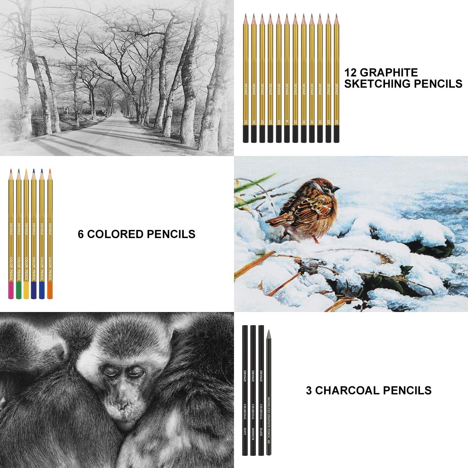 Deviazi (40-Piece Set) Artist Drawing Pencils Sketching Set. Includes Graphite, Charcoal Pencils, 100 Page Drawing Pad, Kneaded Eraser, Blending Stump with Travel case for Kids, Teens and Adults.