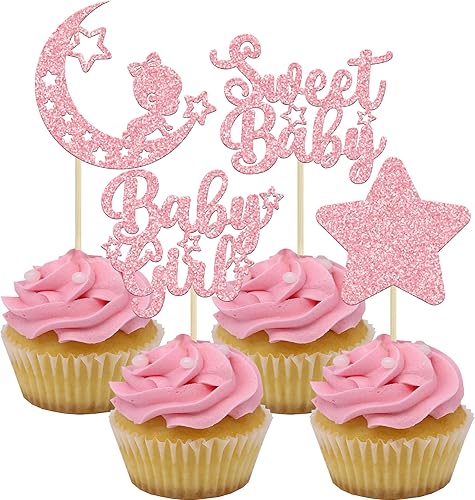 Gyufise 24 piezas de decoración para cupcakes de bebé niña con purpurina rosa, estrella y luna, dulce baby shower, baby shower, fiesta de