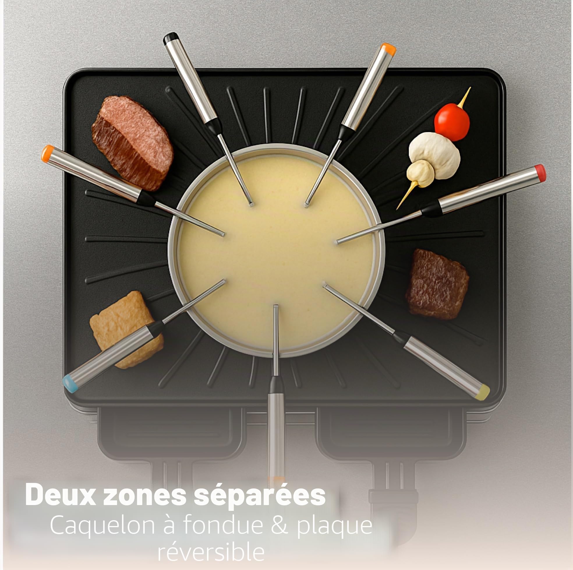 Appareil à raclette pour 8 personnes - Avec plaque de cuisson et fonction plaque de pierre - Barbecue de table avec poêlons et grattoir (fondue)