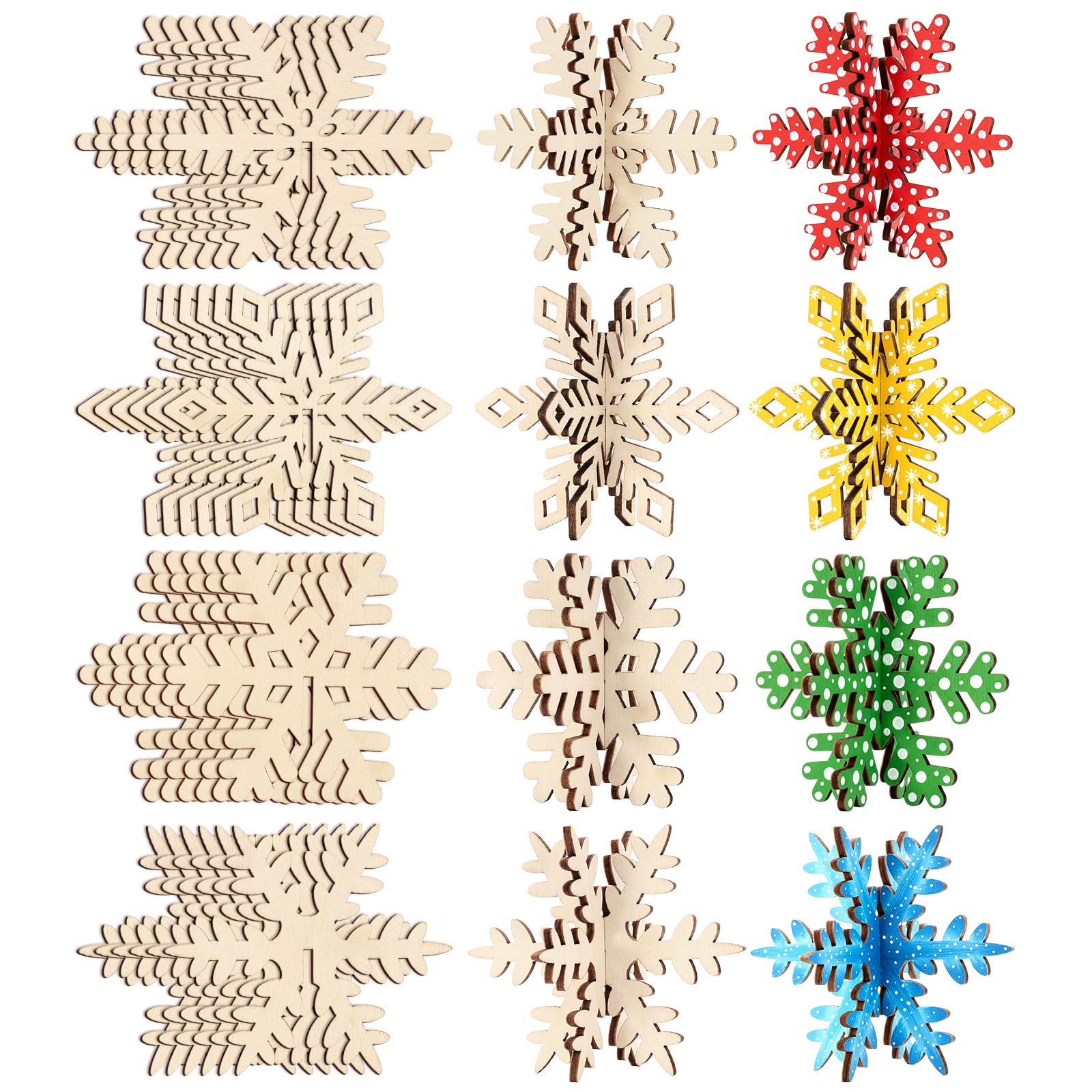 Photo 1 of 24 Pcs 3D Snowflake Wood Crafts, Winter Wooden Cutouts, Unfinished Snowflake Wooden Slices for Christmas Winter Themed Party Decorations