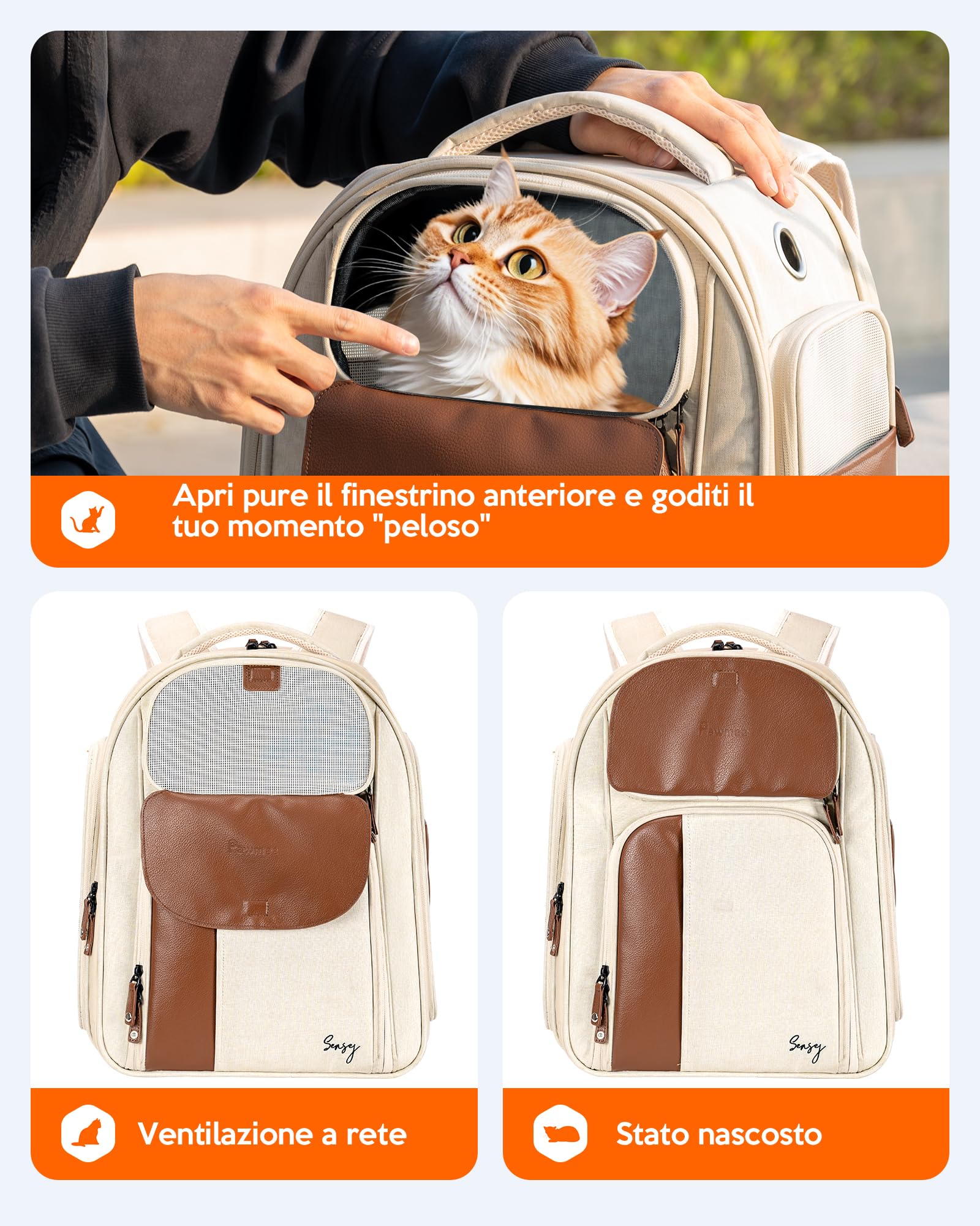 Zaino per Gatti con Portalettiera, Pawmee x Sensej, Portatile e Salvaspazio, Zaino Espandibile con Rete Traspirante, per Gatti Fino a 8kg, Ideale per Viaggi, Escursioni, Black Green