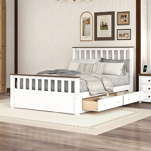 Merax Cama moderna de plataforma de madera maciza con cabecero marco de cama con cajones no necesita somier fácil de montar matrimonial blanco nogal