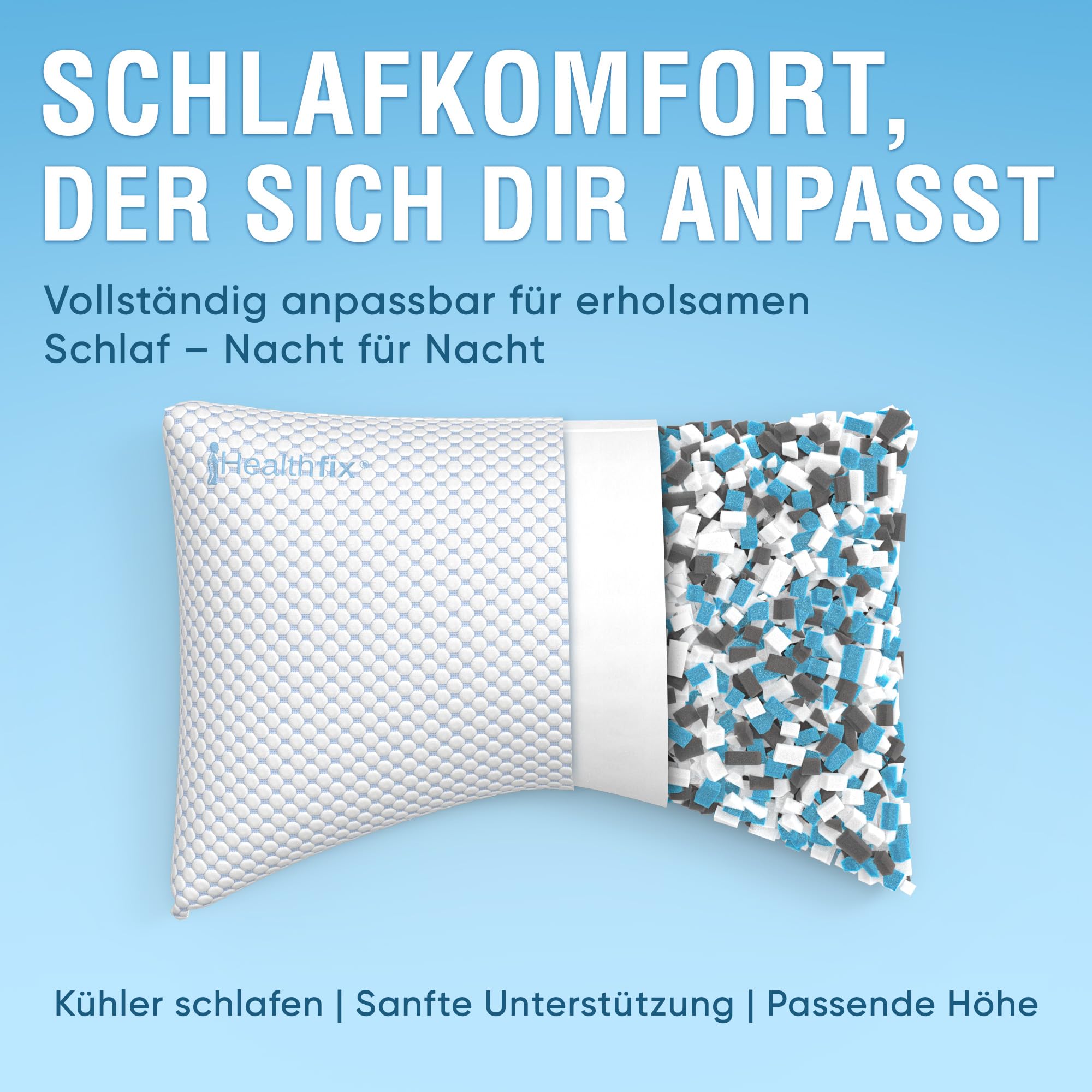 Healthfix DreamFix, cuscino ortopedico, 65 x 44 cm, cuscino cervicale regolabile per dormire, schiena e addome, rivestimento rinfrescante, memory foam
