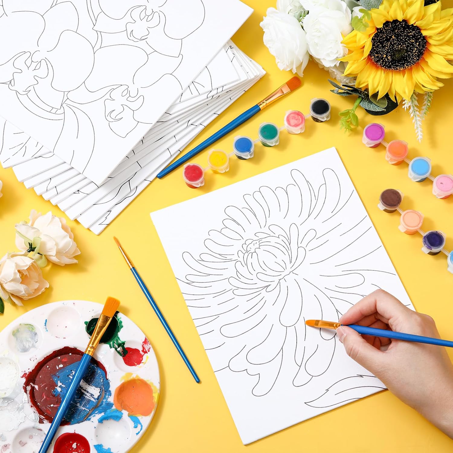 Tinlade 12 Pcs 7.9 x 9.8 Inch Pre Drawn Canvases for Painting Pre Stretched Canvas DIY Coloring Outline Painting Boards for Beginners Adults (Abstract Flower)