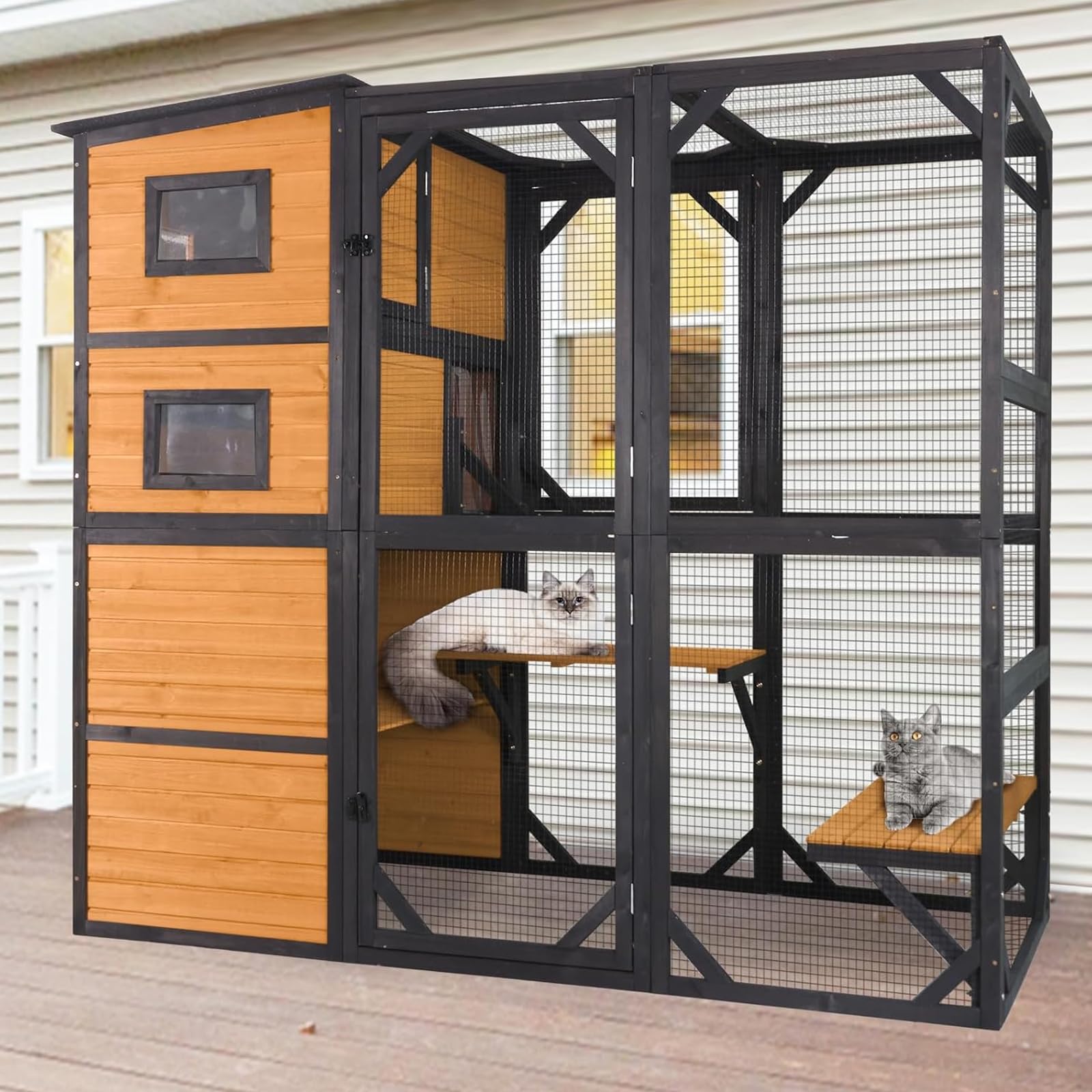 Aivituvin Catio Cat House Outdoor Kitty Enclosures 77" Large Cat Home with Run Cat Cage with Platforms Kitty Playpen, 4 Tiers, 76.8" L x 35.8" W x 69.3" H,Brown