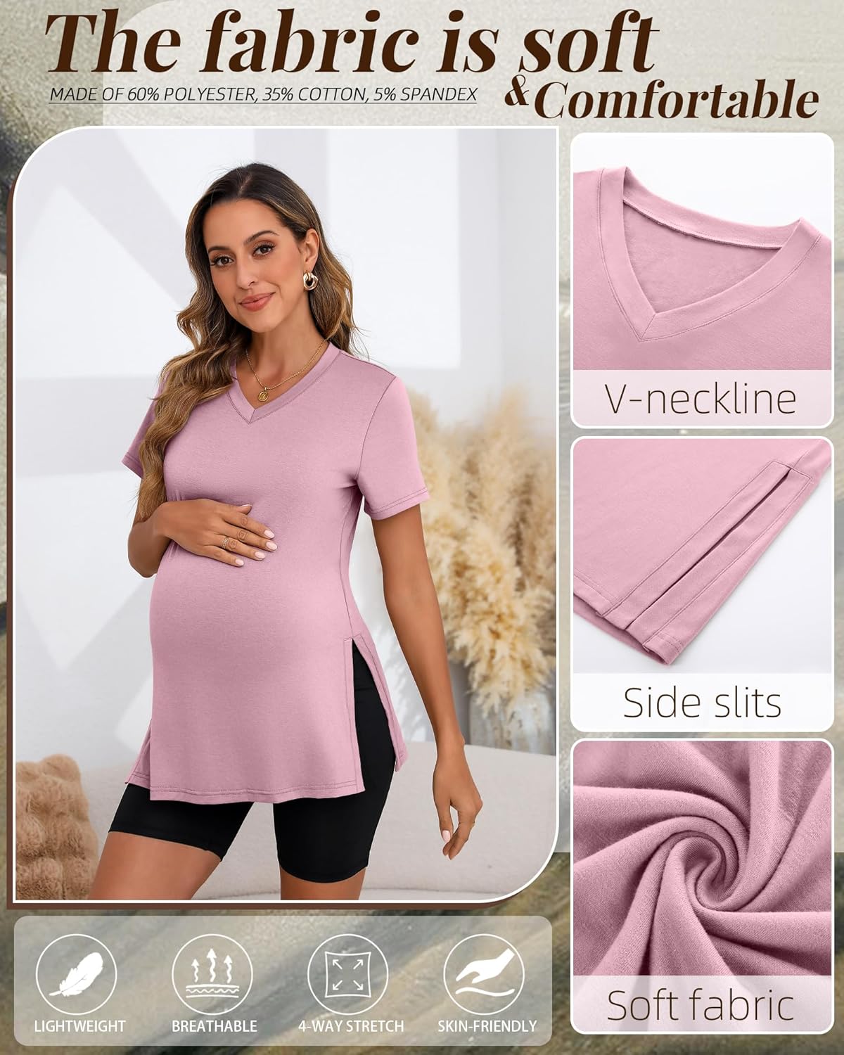 Ficerd 3 Pack Women's Maternity Shirts Short Sleeve Pregnancy T-Shirts V Neck Split Side Tops Casual Soft Maternity Clothes - Image 6