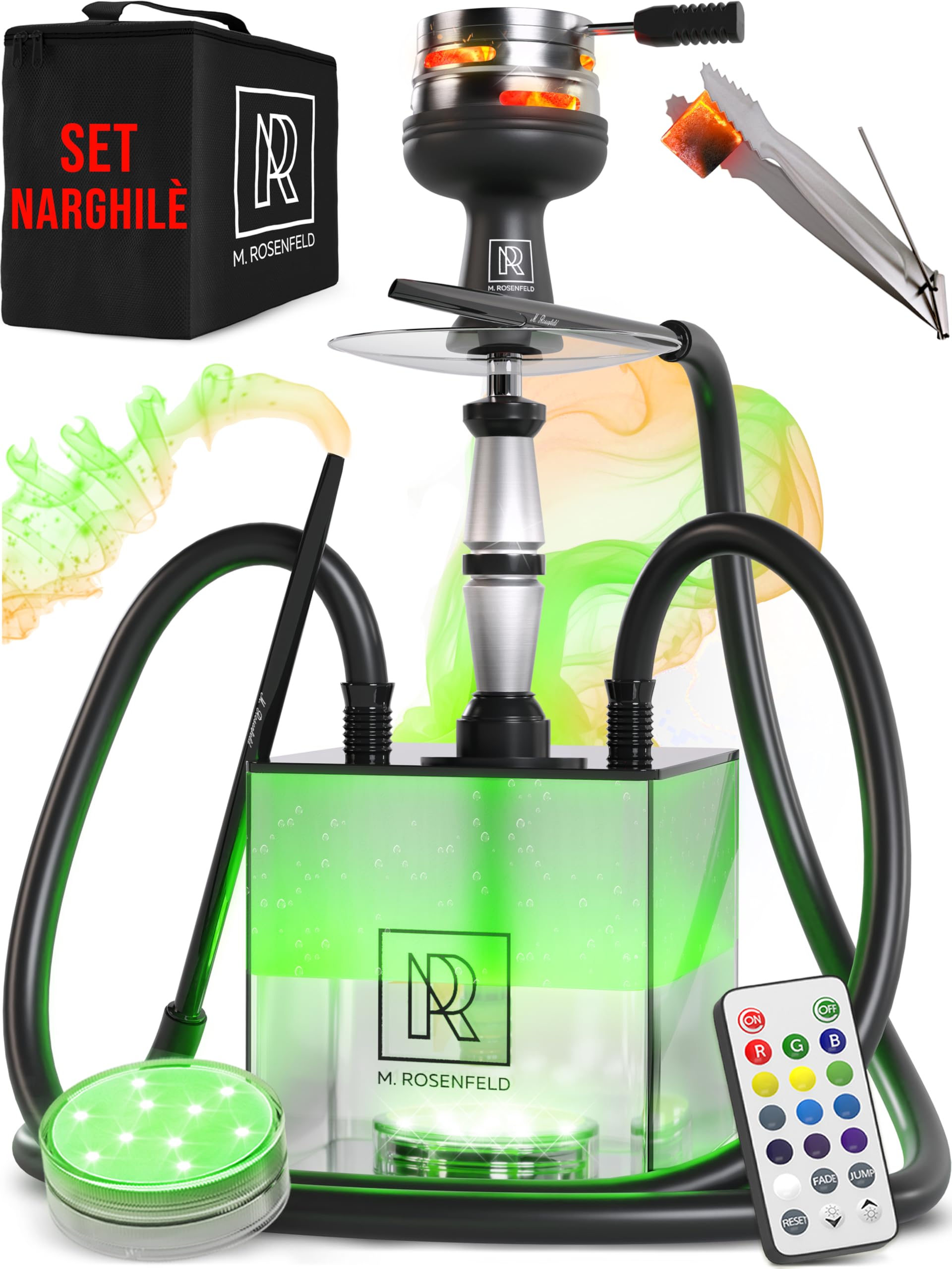 M. ROSENFELD Narghilè Completo Professionale 2 Tubi con LED - Shisha Portatile Premium Set HMD + Borsa Viaggio - Hookah Alluminio con Accessori
