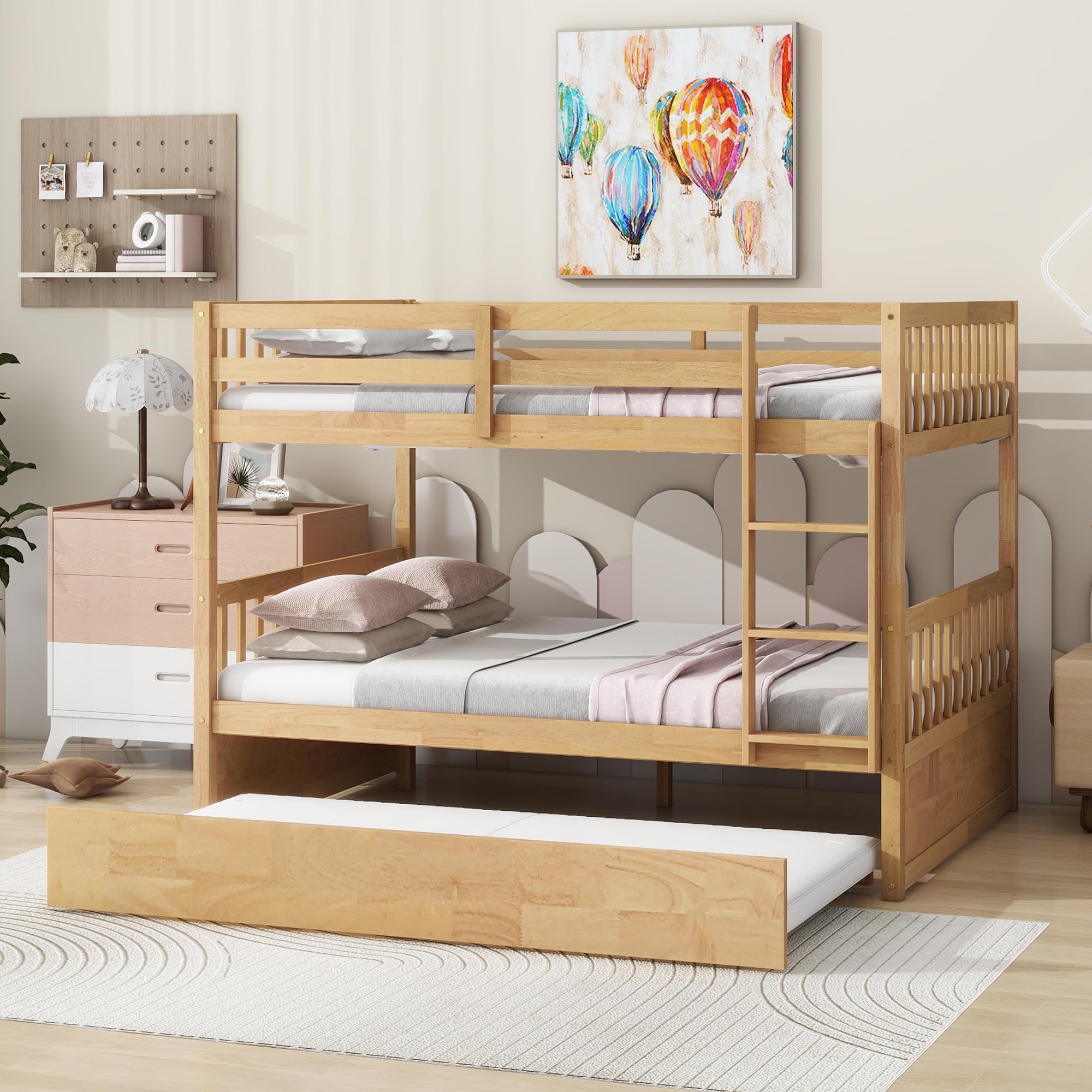 Full Over Full Bunk Bed with Twin Size Trundle, Wood Bunk Bed with Ladder and Guardrails, Solid Wood Frame, Convertible to 2 Separated Beds, No Box Spring Needed, No-Noise Design (White Oak-013)