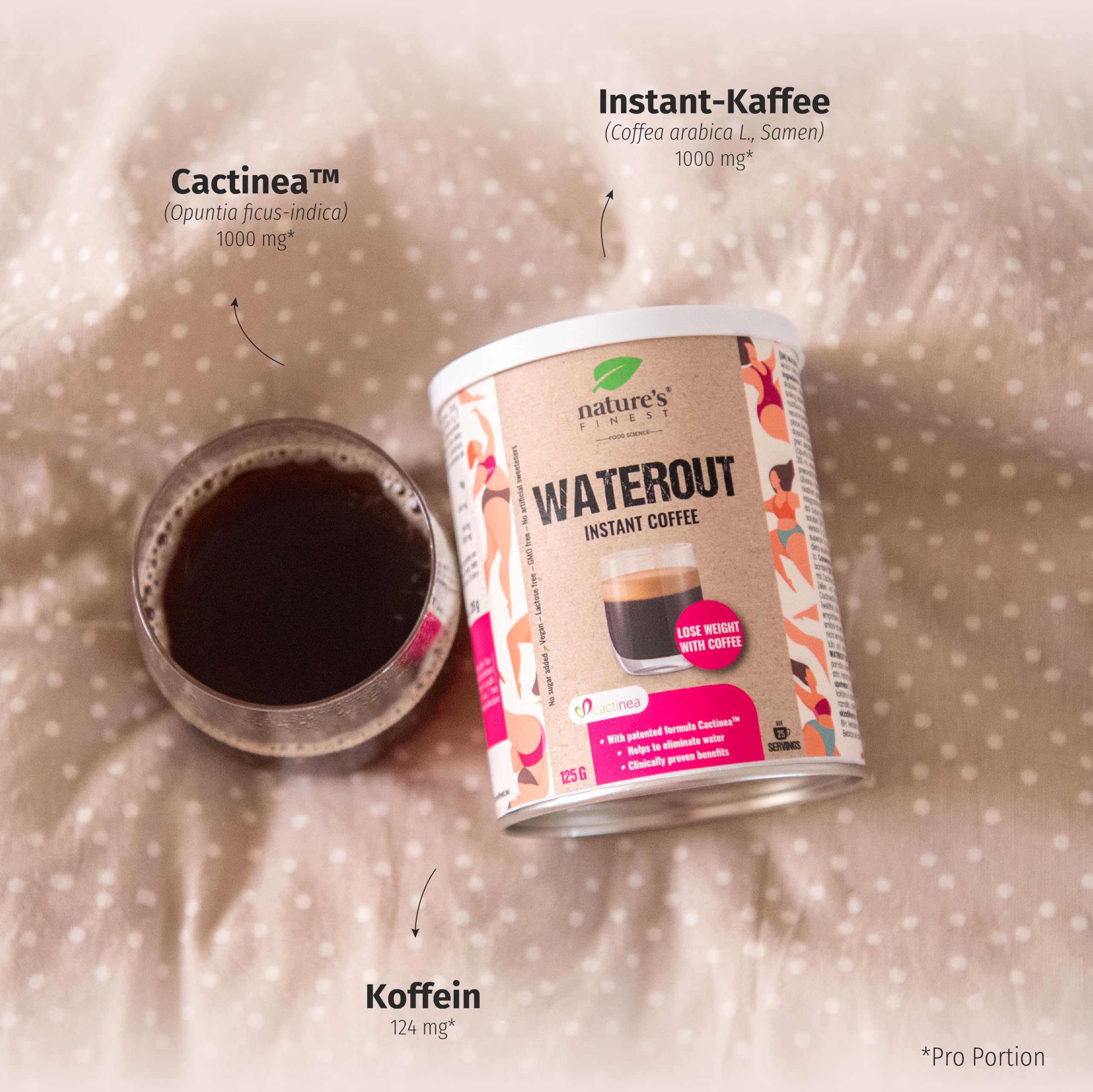 Nature's Finest WaterOut Coffee, Instant-Kaffee 375 g (3er Pack) | Instant-Kaffee (20 % Arabica) mit Cactinea Kaktusfeige - vegan, aromatisch, in Sekunden zubereitet