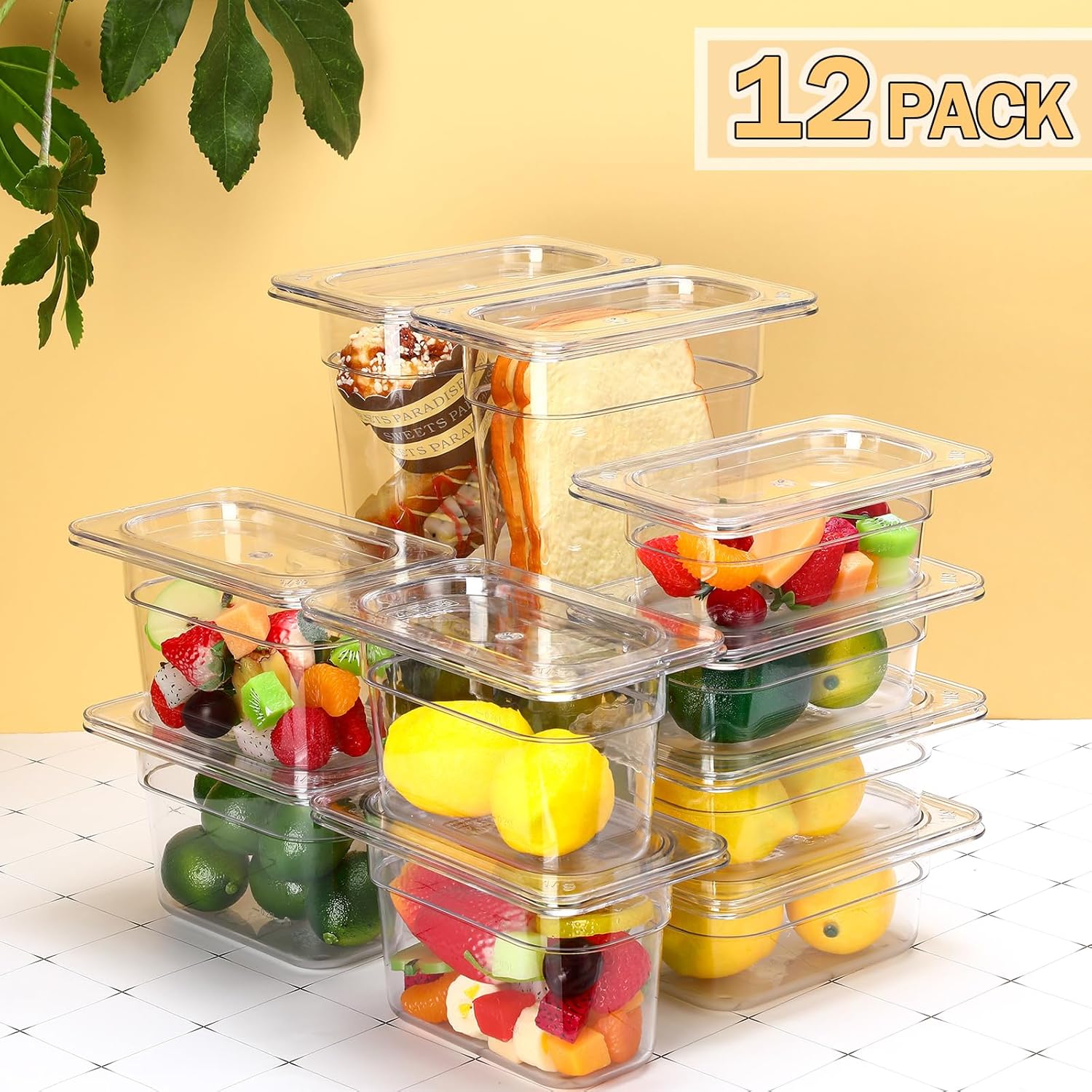 Tioncy 12 Pcs 1/9 Size Clear Food Pans with Lids Stackable Plastic Salad Bar Containers Commercial Food Storage Transparent Hotel Pans for Vegetables Fruits Beans Corns 2.5'' 4'' 6'' Deep