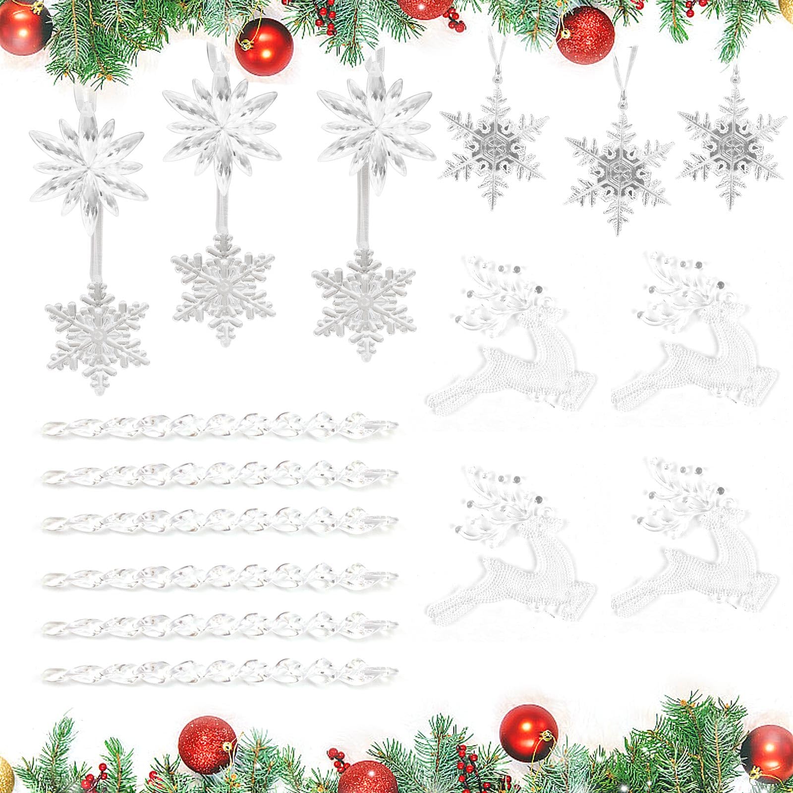 AMONENZ Decoración de Navidad, 19 Piezas Adornos de Navidad, Copos de Nieve Decoracion Navidad con Cinta y Anillo de Metal, para Fiestas de Navidad, Fiestas Infantiles, Bodas