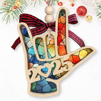 KatAndNat ASL Love Ornament - ASL Love Christmas Ornaments 2025, Sign Language Ornaments for Tree - Hand Sign Language Keepsake for Women, Men - Wood & Acrylic Ornament 2025