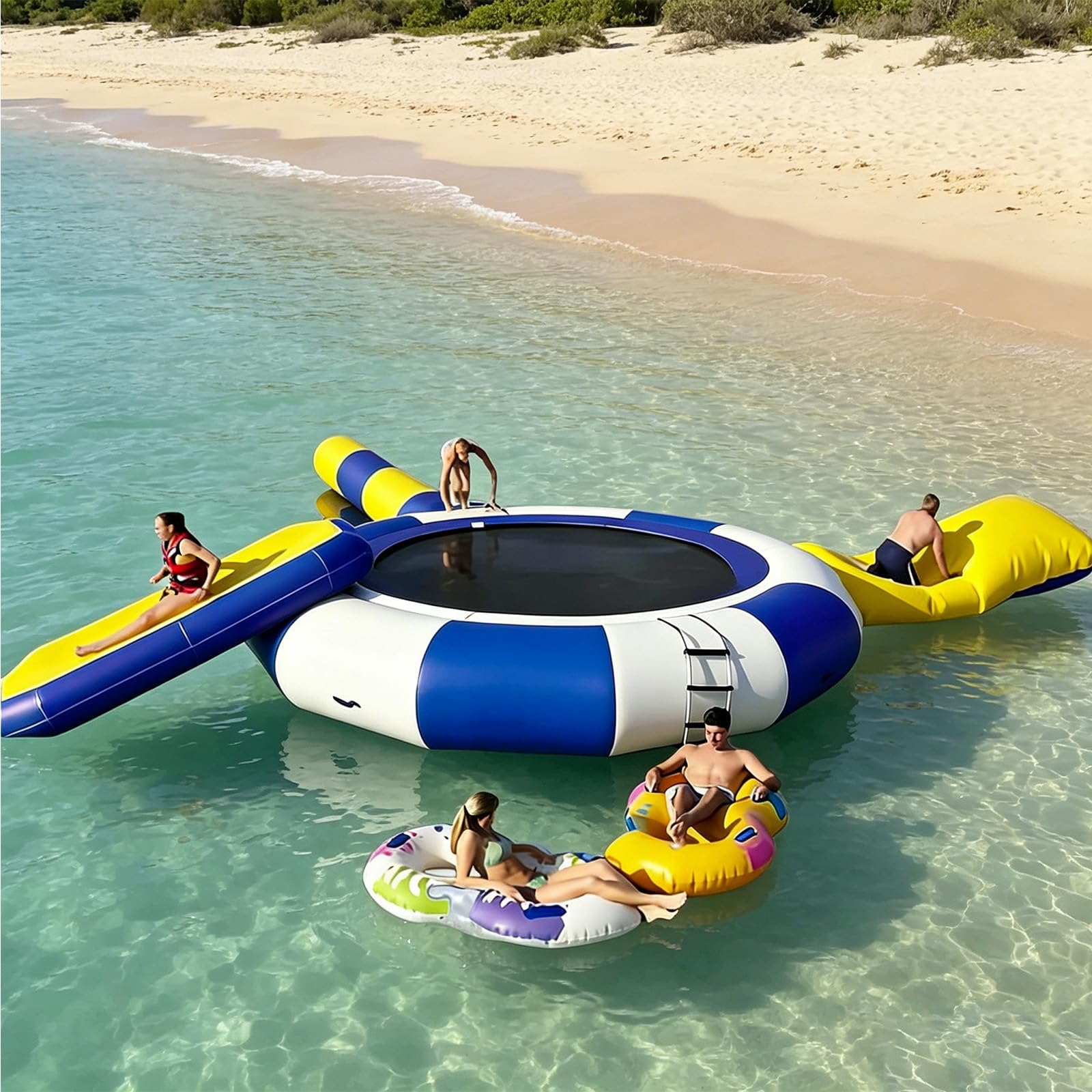 NSACMD Inflatable Water Trampoline & Swim Platform W/Slide & Jump Airbag – Floating Fun for Adults & Families on Lake/Pool