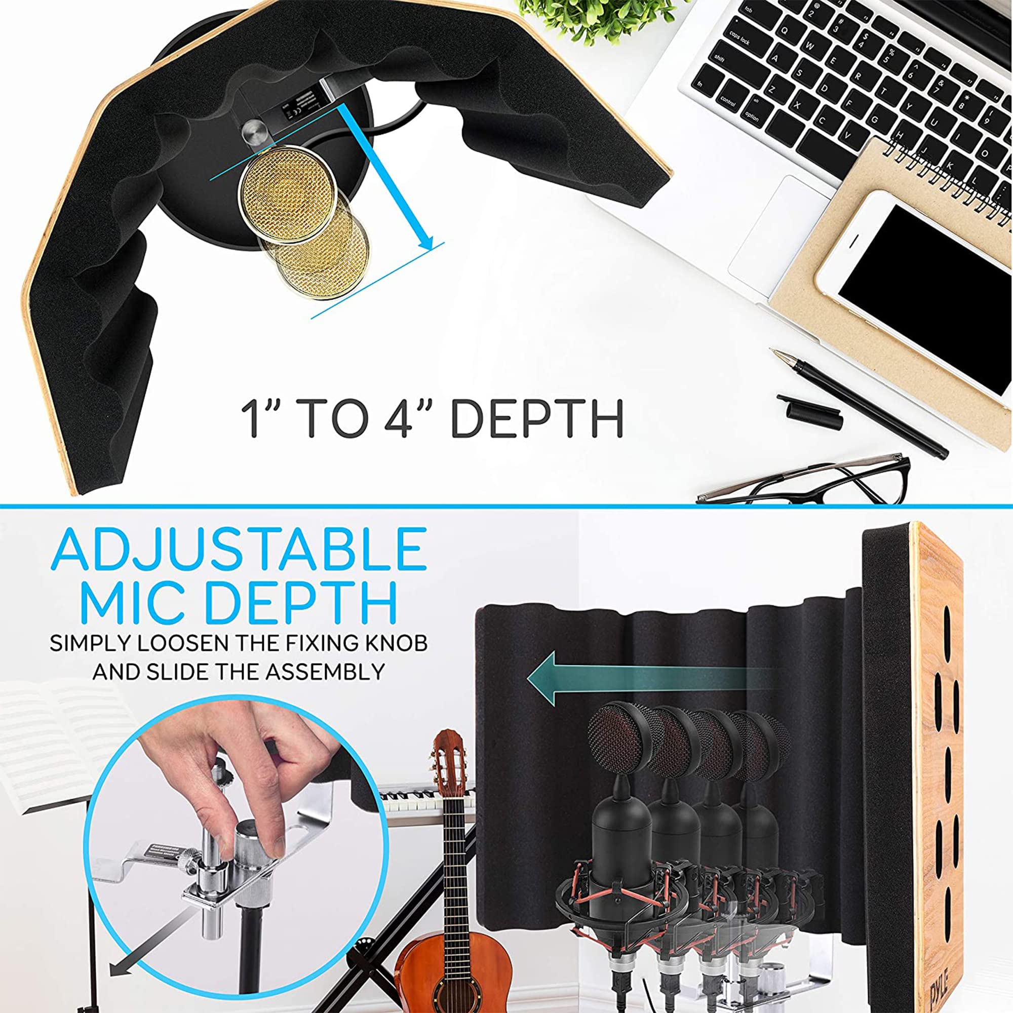 Pyle Wood Microphone Isolation Shield-Sound Isolation Recording Booth,Studio Microphone Vocal Booth Dampening Filter Foam Acoustic Panel w/2' Thick Foam,Universal 5/8 " Mic Threading-PSMRSWD100 - Image 3