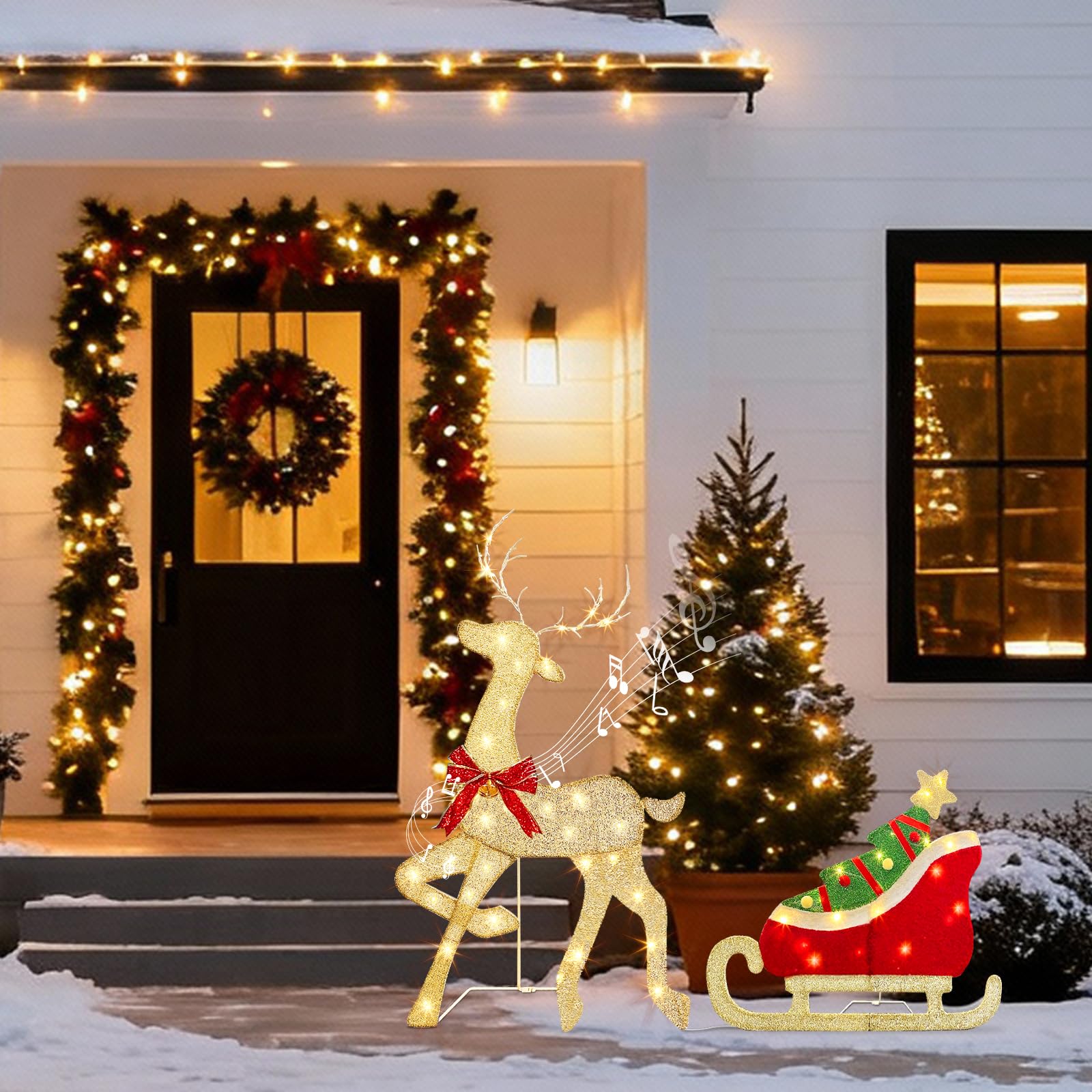 Renne Lumineux avec traîneau et 117 LED Blanc Chaud, décoration de Noël sur Pied avec détecteur de Musique et de Mouvement, Renne de Noël pour l'intérieur et l'extérieur, 107 cm