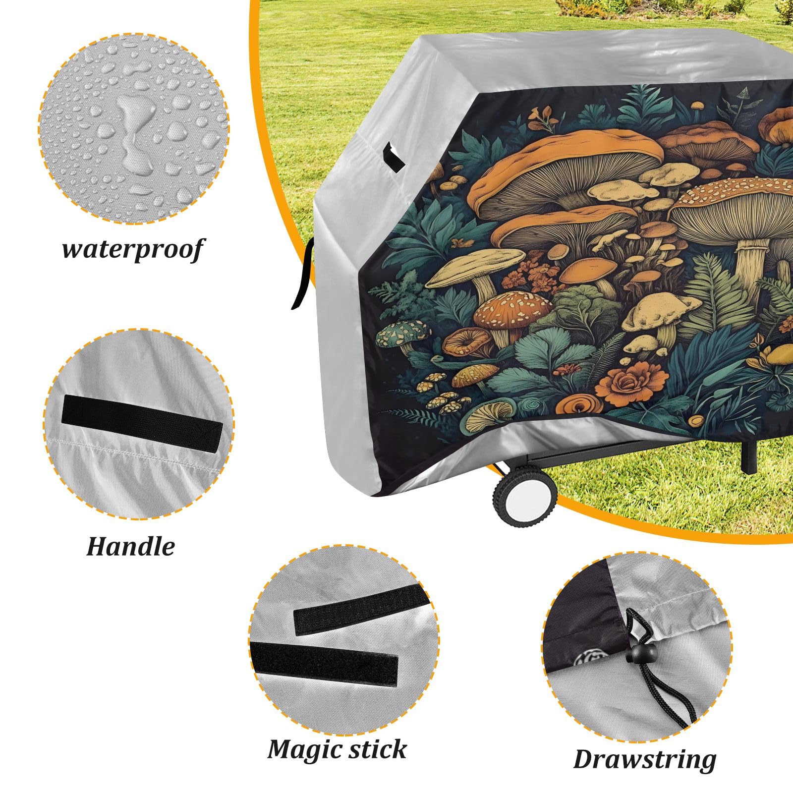 Copertura per barbecue di alta qualità, impermeabile, resistente allo sbiadimento, resistente, adatta per griglie fino a 63 cm, forma rotonda a fungo
