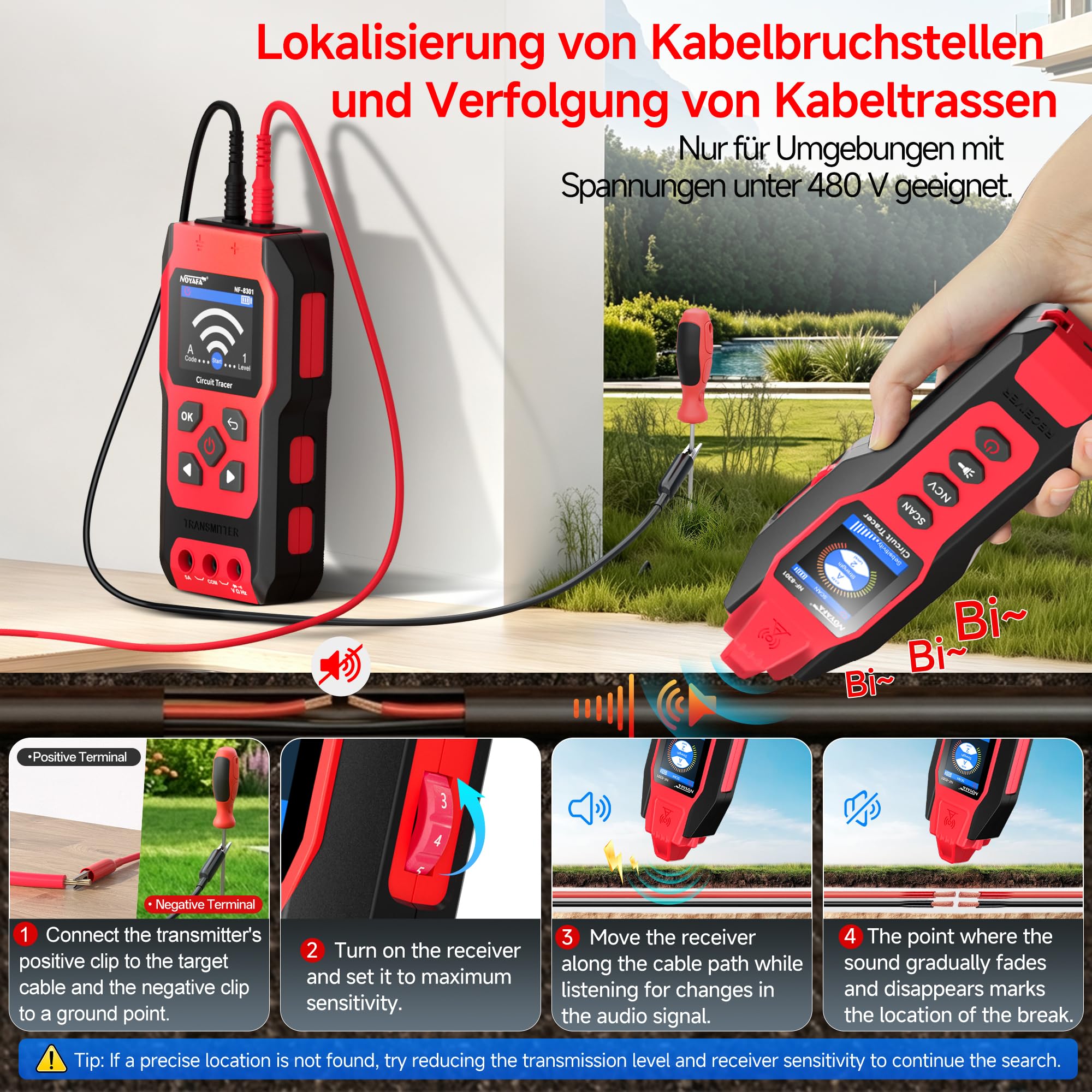 NOYAFA NF-8301 Kabelsuchgerät & Leitungssucher mit Digitalmultimeter, Unterirdischer Kabeldetektor, 8 Stufige Empfindlichkeit, Circuit Tracer für Wand, Sicherungs & Bewässerungskabel
