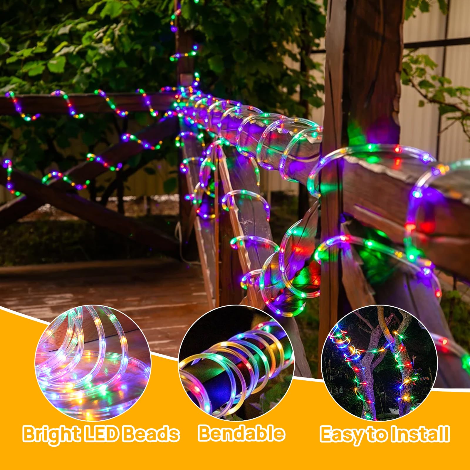 Aofonchy Solar LED Rope Lights Outdoor, 66Ft 200 LEDs Waterproof Tube String Lights with 8 Modes & Remote Control - Image 3