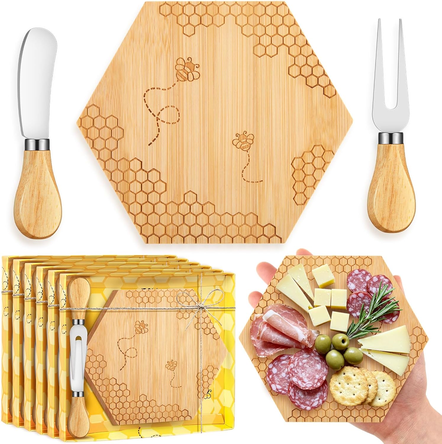 6 Set Bridal Baby Shower Prizes for Winners Honey Bee Cheese Board Party Gifts with Cheese Knive and Forks Box for Baby Shower Themed Birthday Wedding Favors (Hexagon)