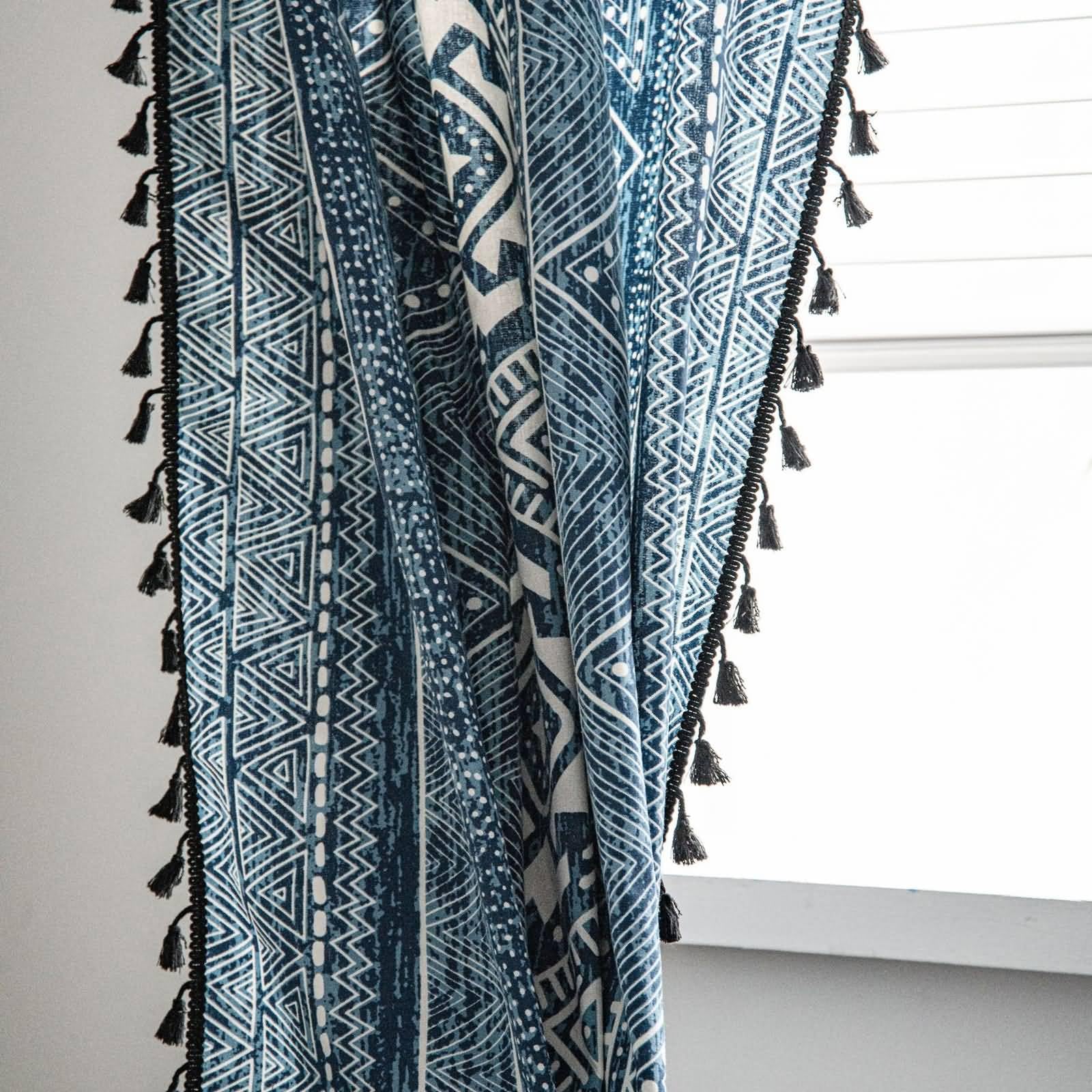 Rideau Voilage Bleu, Rideaux Semi occultants décoratifs de Style bohémien à Motifs géométriques pour la Chambre à Coucher en Coton, Bleu-Crochet, 150 x 200 cm (HxL)