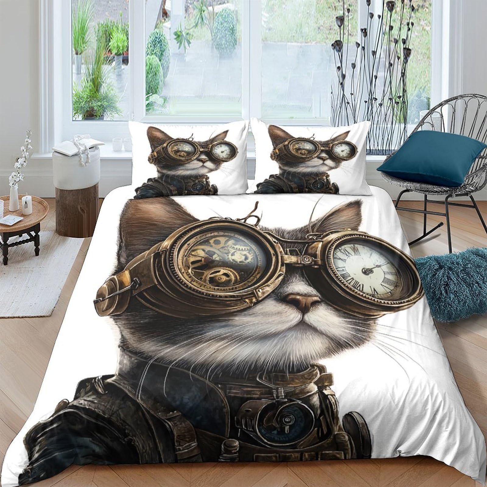 Ctjqhvkz Style-7 3D Printed Steampunk Cat Fitted Sheet Microfiber Soft Breathable Goggles Bed Cover For Bedroom Guest Room Decor Mattress Protection Single（135X200cm）