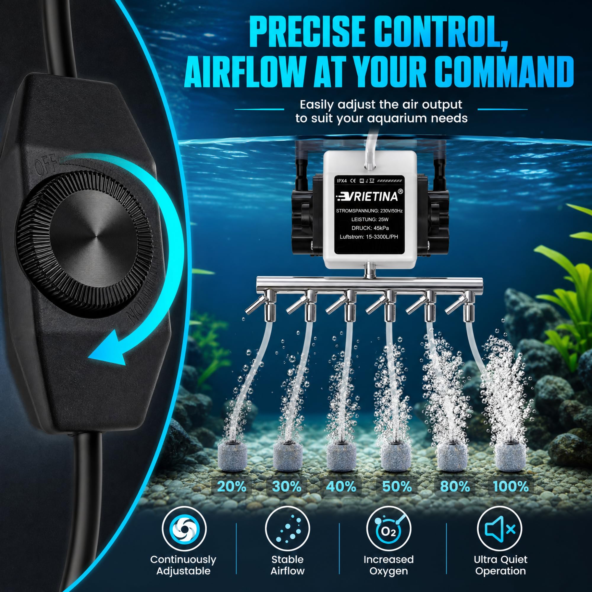 Bomba de Aire Acuario 25W con 6 Salidas, Aireador Acuario Silencioso hasta 3300L/H, Oxigenador Acuario Regulable para Grandes Peceras, Estanques de Jardín e Hidrocultivo, Bomba Aire Potente