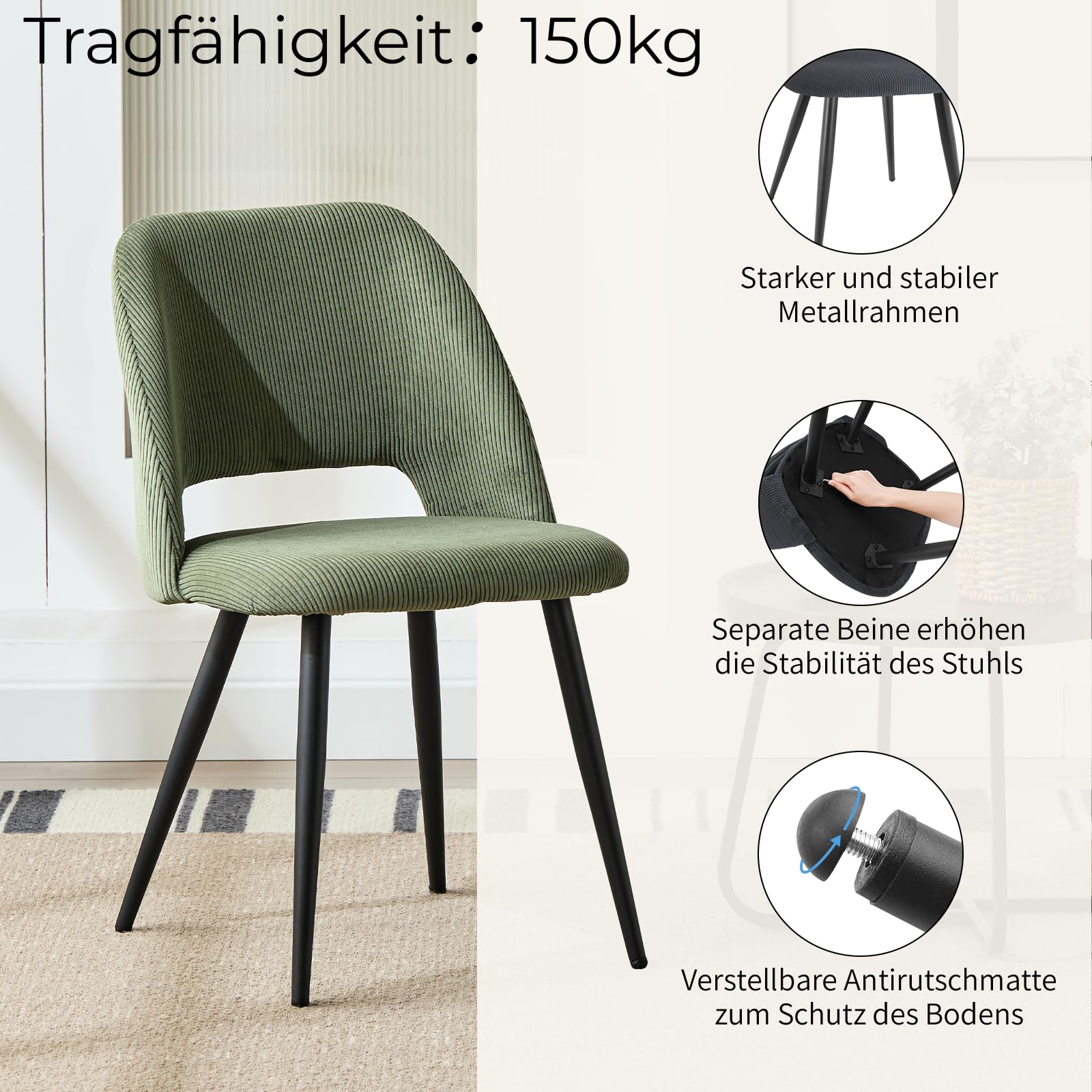 JIJIAN Esszimmerstühle 4er Set, Stühle Esszimmer, Küchenstühle, Wohnzimmer Essstühle mit Ausschnitt Rückenlehne Streifen Samt Stuhl, Gepolsterte Stühle für Esszimmer, Küche, Schlafzimmer, Grün