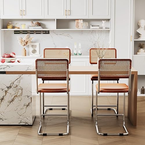 Miniatura 9 de Alunaune Juego de 2 taburetes de ratán natural de mediados de siglo de 24 pulgadas, taburetes tapizados modernos de altura de barra, sillas de